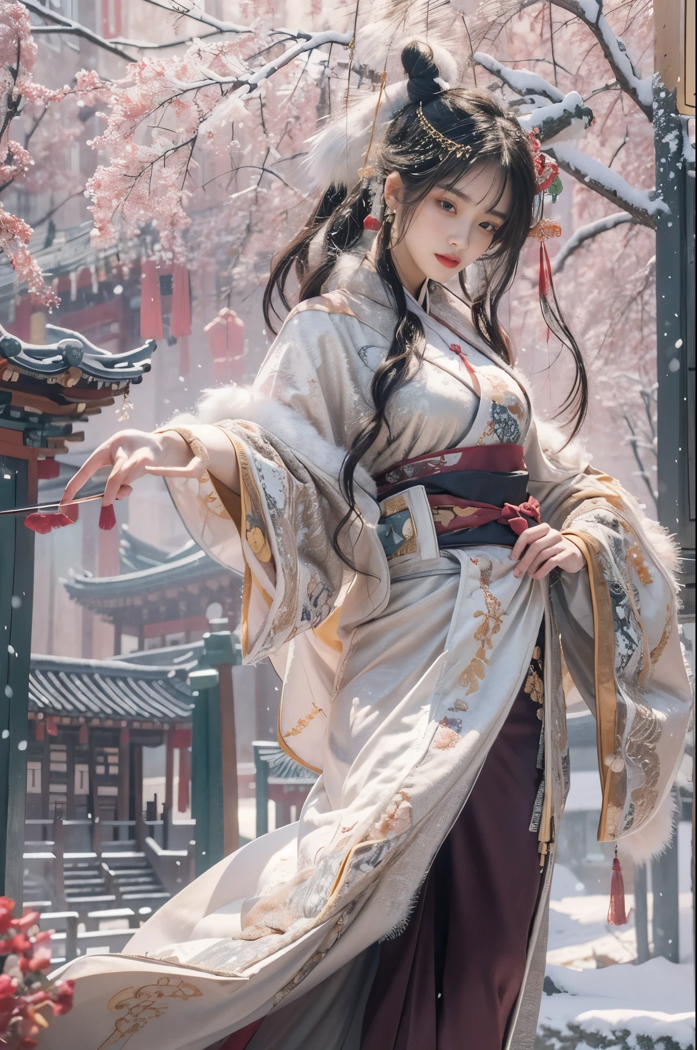best quality, masterpiece, high resolution,8k,(Realistically:1.4),超high resolution,1 girl,(Black transparent, Lace),(Ultra-realistic skin maps), Ultra Detailed, Surreal, Highly detailed CG illustrations, official art, Movie Lighting, Practical, Young beautiful girl, Perfect body, Perfect body, Full view, Perfect body,enjoy expression,(Start from below:1.3), Sexy pose, Sexy long legs, confidence, Beautiful and sexy, (Gorgeous Chinese Hanfu,cropped shoulder,S-Shape Pose, blush, Chapped lips, View Viewer , half body shot , (fur-edged cloak) ,(Chinese pavilions),It snowed heavily,The ground is covered with snow,