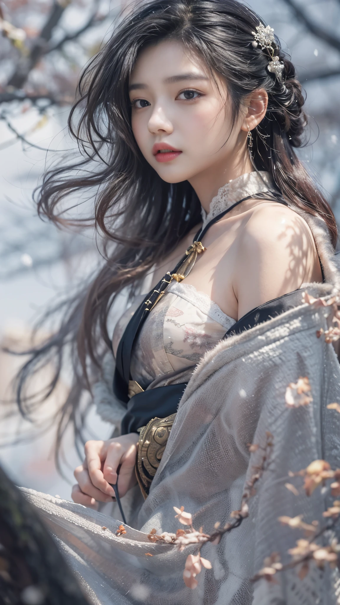best quality, masterpiece, high resolution,8k,(Realistically:1.4),Bokeh,1 girl,(Black transparent, Lace),(Ultra-realistic skin maps), Ultra Detailed, Surreal, Highly detailed CG illustrations, official art, Movie Lighting, Practical, Young beautiful girl, Perfect body, Perfect body, Full view, Perfect body,enjoy expression,(Start from below:1.3), Sexy pose, Sexy long legs, confidence, Beautiful and sexy, (Gorgeous Chinese Hanfu,cropped shoulder,S-Shape Pose, blush, Chapped lips, View Viewer , half body shot , (fur-edged cloak) ,(Chinese pavilions),It snowed heavily,The ground is covered with snow,