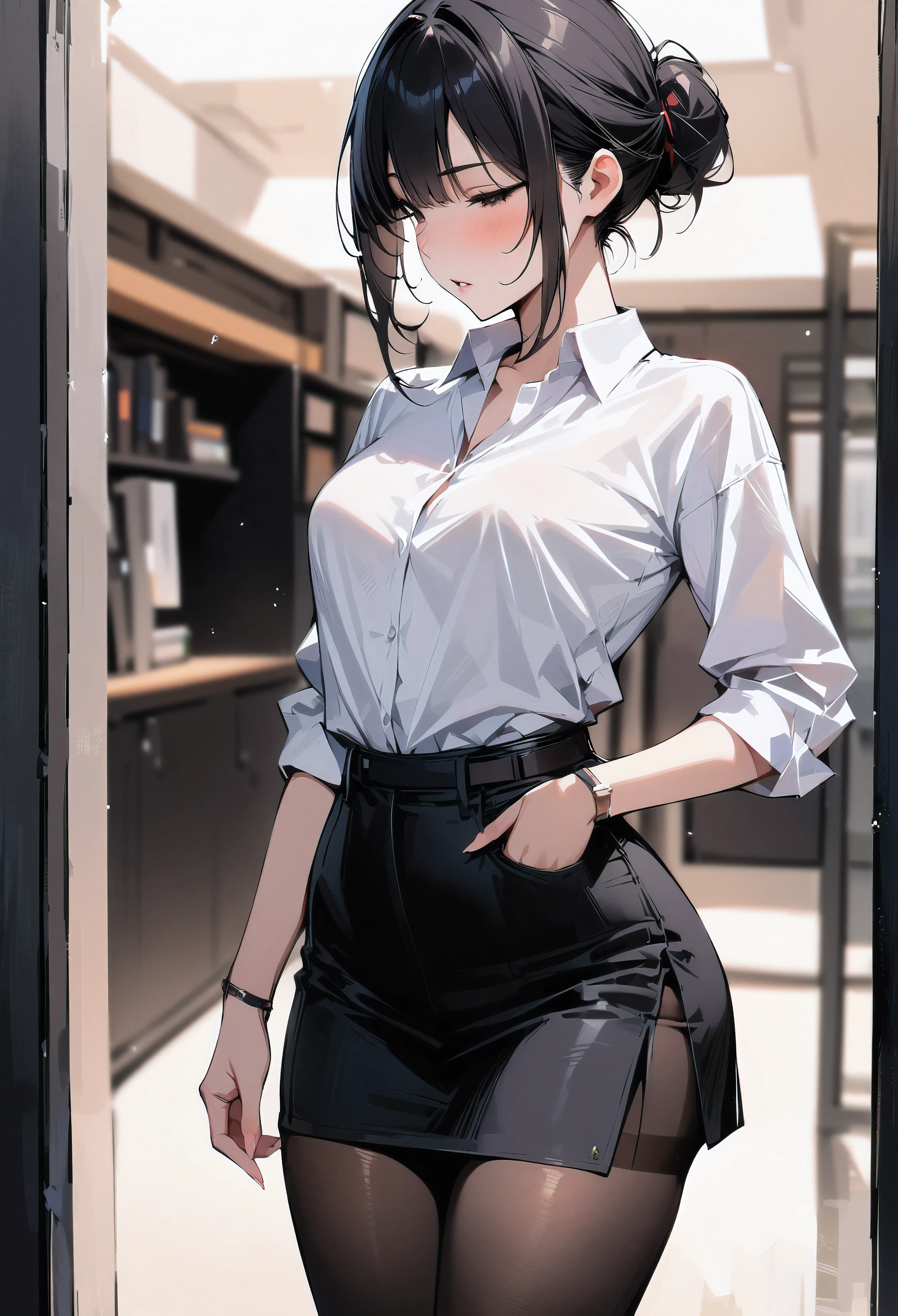 Masterpiece, best quality, aesthetic sense, high resolution, beautiful woman drawn in the best quality and detail, black tight pants, trying to put them on, long silver hair, red eyes, woman with glasses
