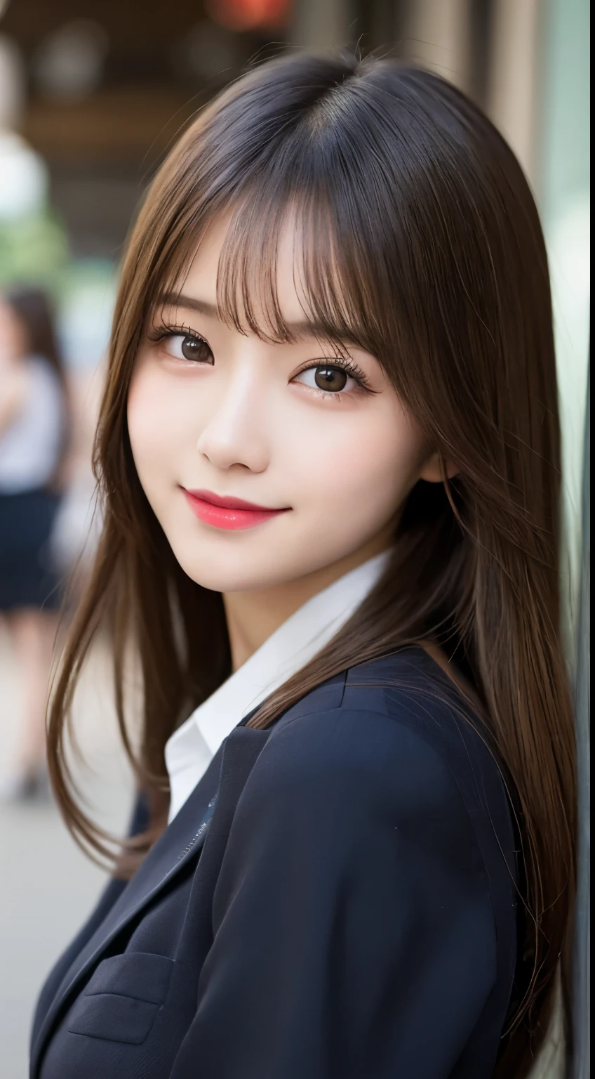 Tabletop, highest quality, shape, Very detailed, finely, High resolution, 8k wallpaper, 完璧なダイナミックな構shape, Beautiful and detailed, Nice spring clothes,Beautiful straight hair,Small breasts,Natural color lip, 20-year-old girl、cute、sexy shot looking at camera,Always blur the background,Perfect and beautiful face、Slim face and figure,Big eyes、Putting on gal makeup,Actual Photos(Best image quality)、Sexy Face、Fashion magazine model pose、A shy smile、suit、office Street