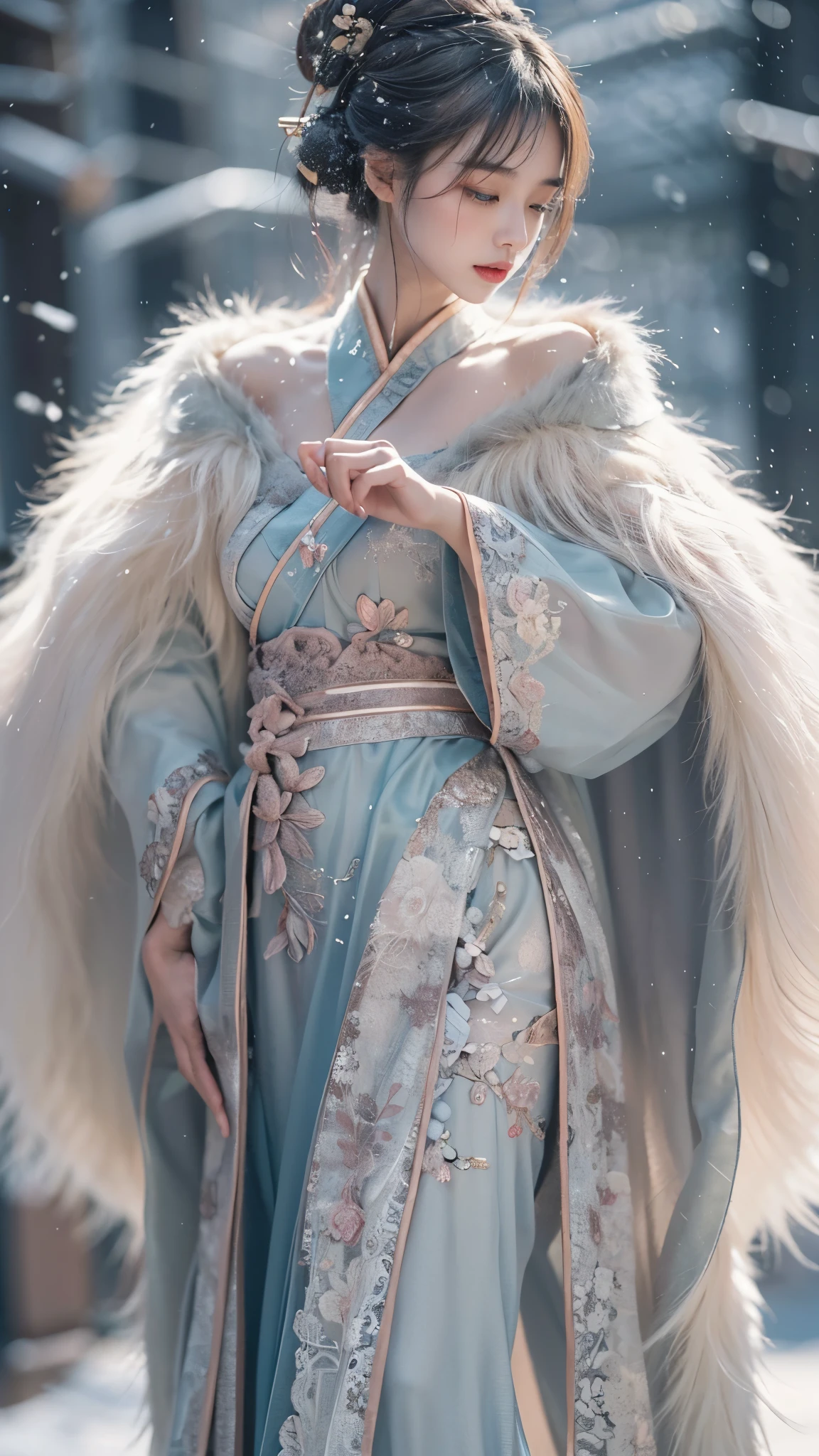 best quality, masterpiece, high resolution,8k,(Realistically:1.4),超high resolution,1 girl,(Black transparent, Lace),(Ultra-realistic skin maps), Ultra Detailed, Surreal, Highly detailed CG illustrations, official art, Movie Lighting, Practical, Young beautiful girl, Perfect body, Perfect body, Full view, Perfect body,enjoy expression,(Start from below:1.3), Sexy pose, Sexy long legs, confidence, Beautiful and sexy, (Gorgeous Chinese Hanfu,cropped shoulder,S-Shape Pose, blush, Chapped lips, View Viewer , half body shot , (fur-edged cloak) ,(Chinese pavilions),It snowed heavily,The ground is covered with snow,