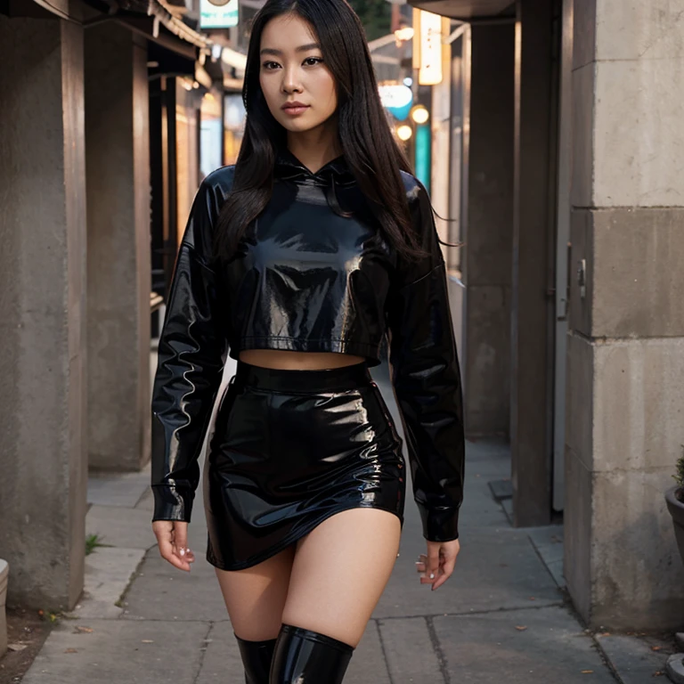 Asian Woman wearing a Latex skirt, black Long hoddie, pantyhose