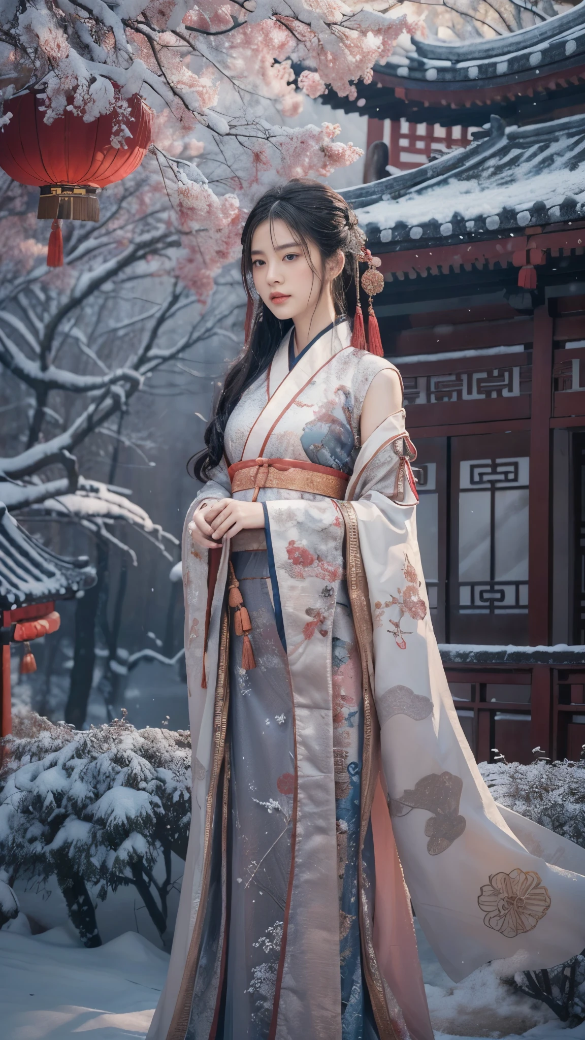 best quality, masterpiece, high resolution,8k,(Realistically:1.4),超high resolution,1 girl,(Black transparent, Lace),(Ultra-realistic skin maps), Ultra Detailed, Surreal, Highly detailed CG illustrations, official art, Movie Lighting, Practical, Young beautiful girl, Perfect body, Perfect body, Full view, Perfect body,enjoy expression,(Start from below:1.3), Sexy pose, Sexy long legs, confidence, Beautiful and sexy, (Gorgeous Chinese Hanfu,cropped shoulder,S-Shape Pose, blush, Chapped lips, View Viewer , half body shot , (fur-edged cloak) ,(Chinese pavilions),It snowed heavily,The ground is covered with snow,