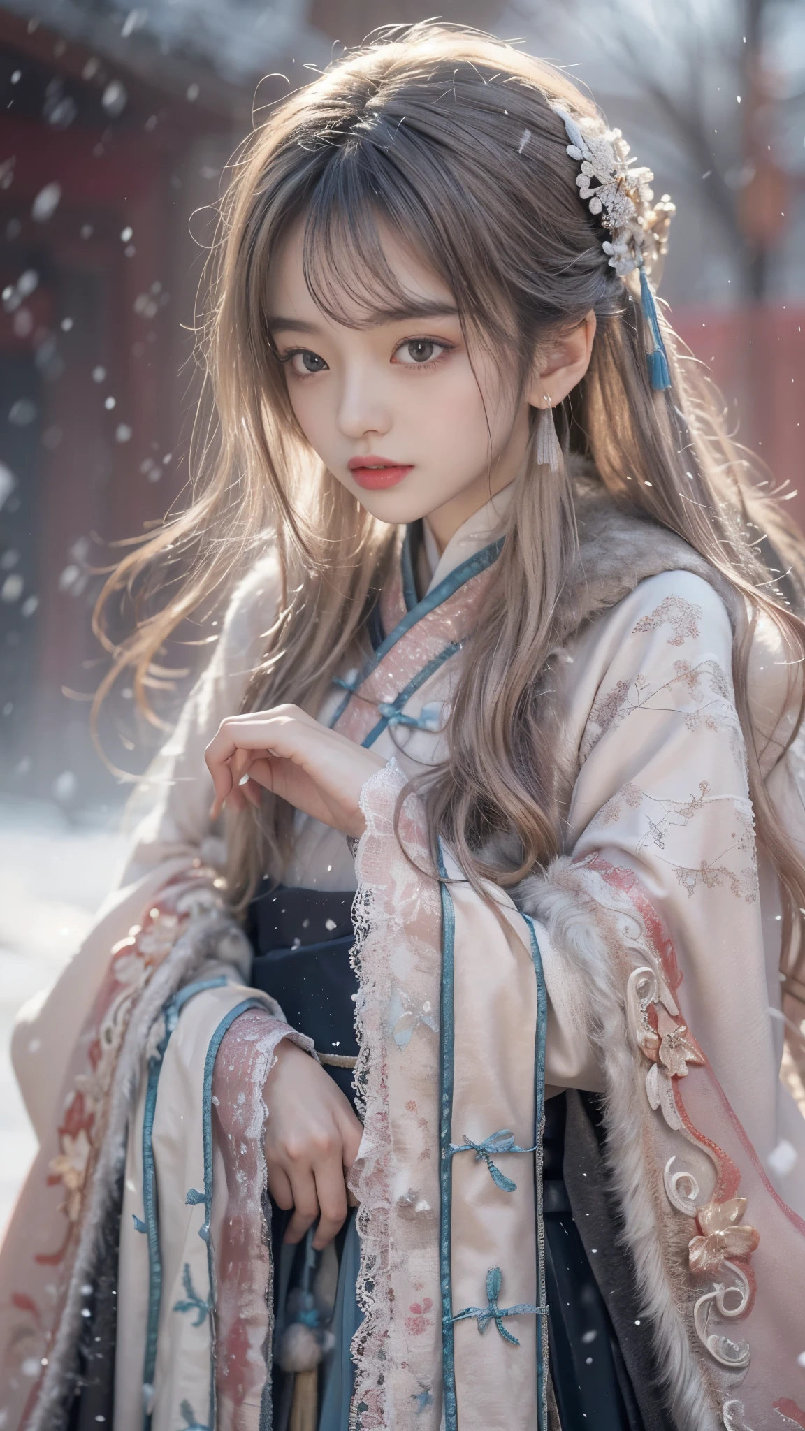 best quality, masterpiece, high resolution,8k,(Realistically:1.4),超high resolution,1 girl,(Black transparent, Lace),(Ultra-realistic skin maps), Ultra Detailed, Surreal, Highly detailed CG illustrations, official art, Movie Lighting, Practical, Young beautiful girl, Perfect body, Perfect body, Full view, Perfect body,enjoy expression,(Start from below:1.3), Sexy pose, Sexy long legs, confidence, Beautiful and sexy, (Gorgeous Chinese Hanfu,cropped shoulder,S-Shape Pose, blush, Chapped lips, View Viewer , half body shot , (fur-edged cloak) ,(Chinese pavilions),It snowed heavily,The ground is covered with snow,
