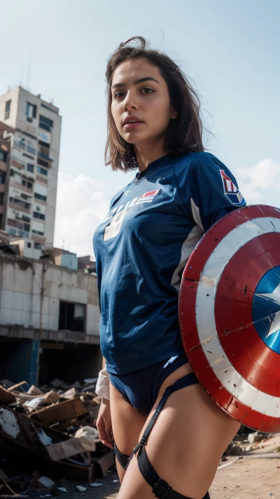 (1girl:1.3), solo, __body-parts__, official art, unified 8k wallpaper, super detailed, beautiful and aesthetic, beautiful, masterpiece, best quality, raw, masterpiece, super fine photo, best quality, super high resolution, photorealistic realism, sunlight, full-body portrait, amazing beauty, dynamic pose, delicate face, vibrant eyes, (from the front), she wears a futuristic Captain America jersey, blue color scheme, (holding a shield), A capital A on chest, very detailed abandoned warehouse background, detailed face, detailed complex busy background, messy, gorgeous, milky white, highly detailed skin, realistic skin details, visible pores, sharp focus, volumetric fog, 8k uhd, DSLR camera, high quality, film grain, fair skin, photo realism, lomography, huge metropolis in future dystopia, seen from below, translucent