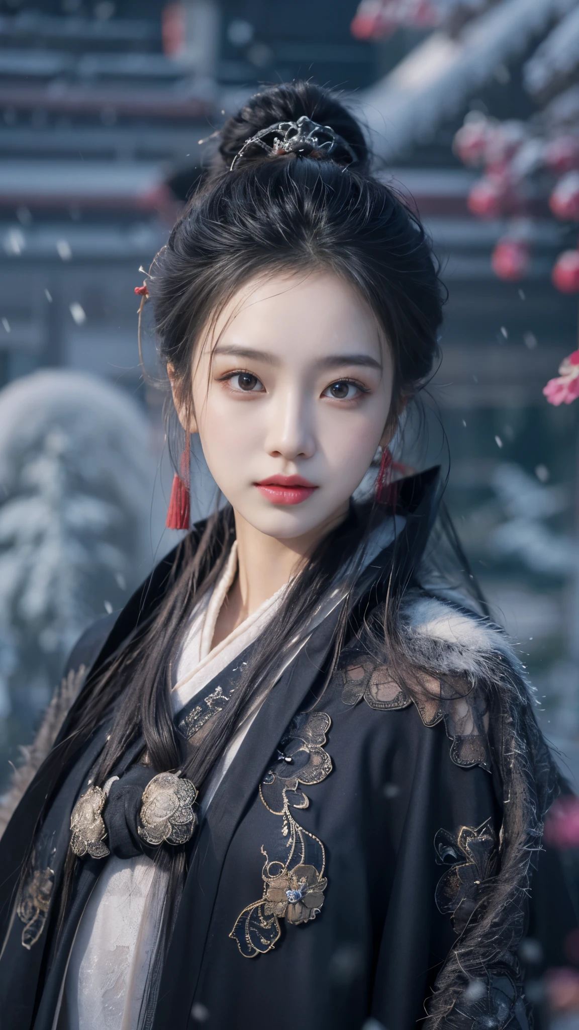 best quality， masterpiece， high resolution，8k，（Realistically：1.4），超high resolution，1 girl，(Black transparent， Lace)，(Ultra-realistic skin maps)， Ultra Detailed， Surreal， Highly detailed CG illustrations， official art， Movie Lighting， Practical， Young beautiful girl， Perfect body， Perfect body， Full view， Perfect body，enjoy expression，（Start from below：1.3）， Sexy pose， Sexy long legs， confidence， Beautiful and sexy， (Gorgeous Chinese Hanfu，cropped shoulder，S-Shape Pose， blush， Chapped lips， View Viewer ， half body shot ， (fur-edged cloak) ，(Chinese pavilions)，It snowed heavily，The ground is covered with snow，