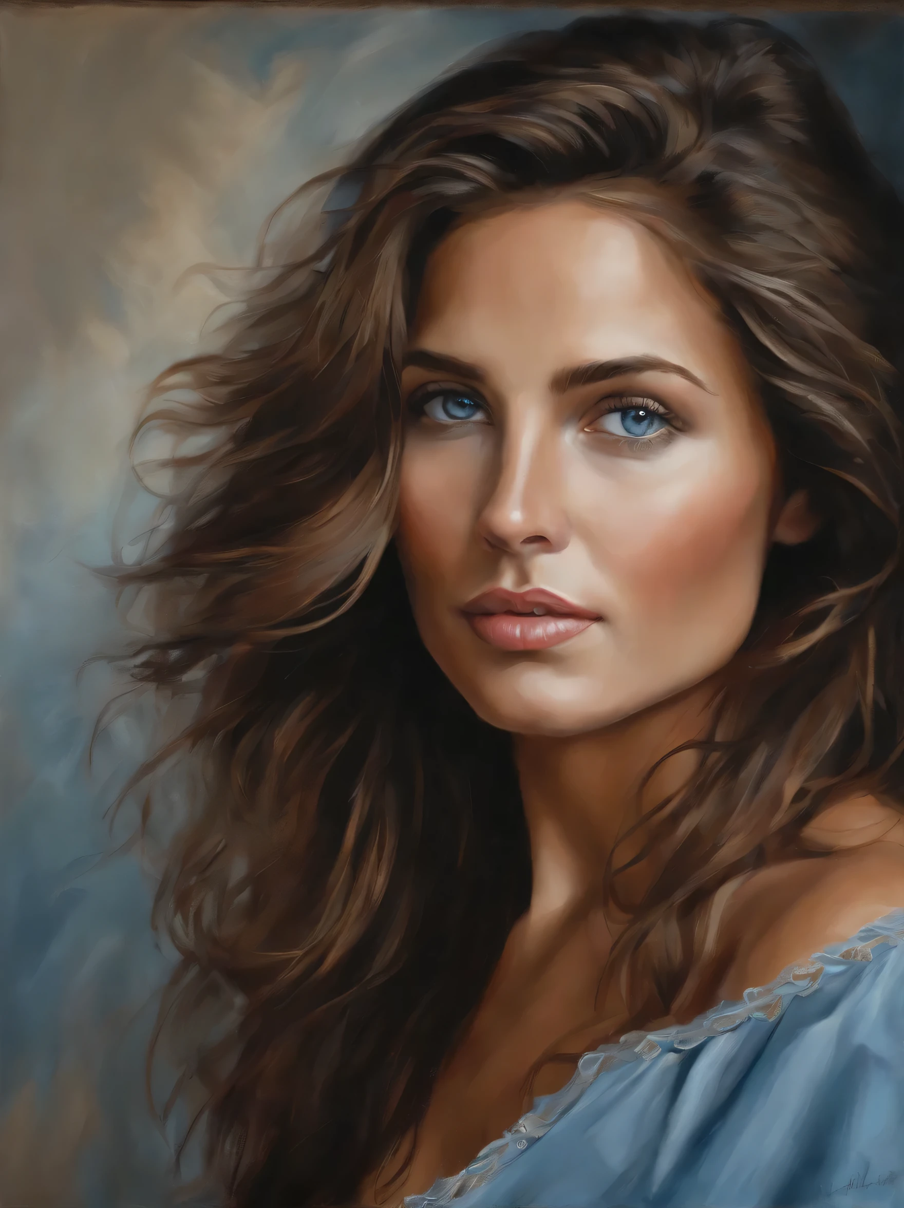 Paintings by Agnes Cecil, Beautiful mature woman, Delicate face,Female body, long hair disheveled by the wind, 16K, Detailed and charming blue eyes and lips, Complex and clear facial features, Brown hair blowing in the wind, Express emotions, Vibrant colors, Acrylic painting style, delicate brushstrokes, realistic details, Delicate texture, High contrast, soft light, Fascinating eyes
