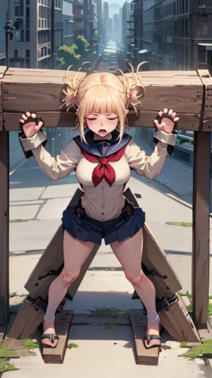 (Highly quality, masterpiece, detailed), city detailed scenario, city detailed background, (x shaped pasting stand), (hands up, spread hands, in stocks pose:1.6), 1girl, Susan Storm, blue eyes, blonde hair, full body blue bodysuit, sleeves, perfect face, big breasts, (shut closed eyes, tears:1.1), sighing