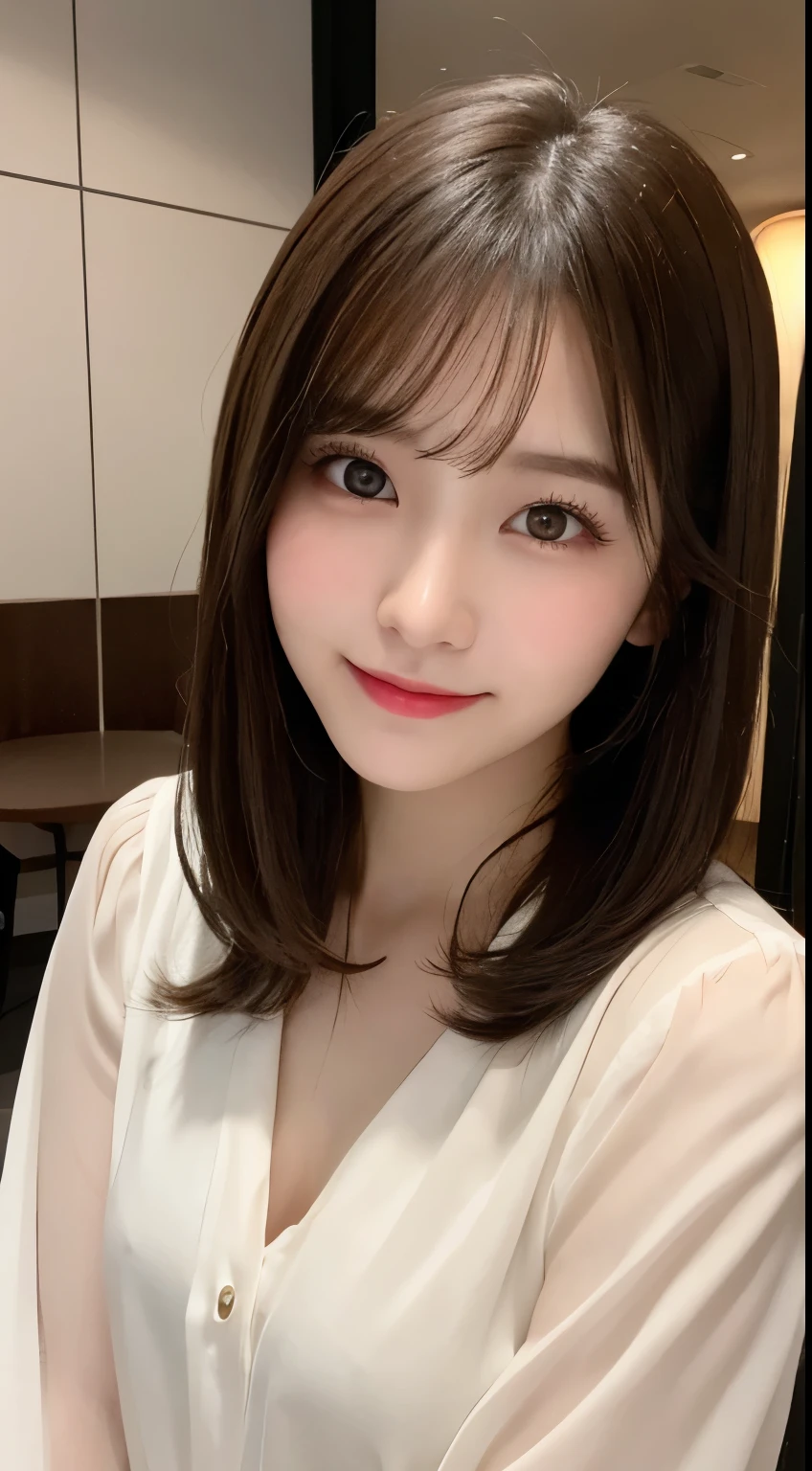 Tabletop, highest quality, shape, Very detailed, finely, High resolution, 8k wallpaper, 完璧なダイナミックな構shape, Beautiful and detailed,ランダムなcute髪,,Natural color lip, Bold sexy pose,smile、20-year-old girl、cute、Looking at the camera,Always blur the background,Perfect and beautiful face,Slim face and figure,Big eyes、Putting on gal makeup,Small face,Shooting from below、smile,blurred background,Sheer blouse、flare skirt、Please be serious about being cute