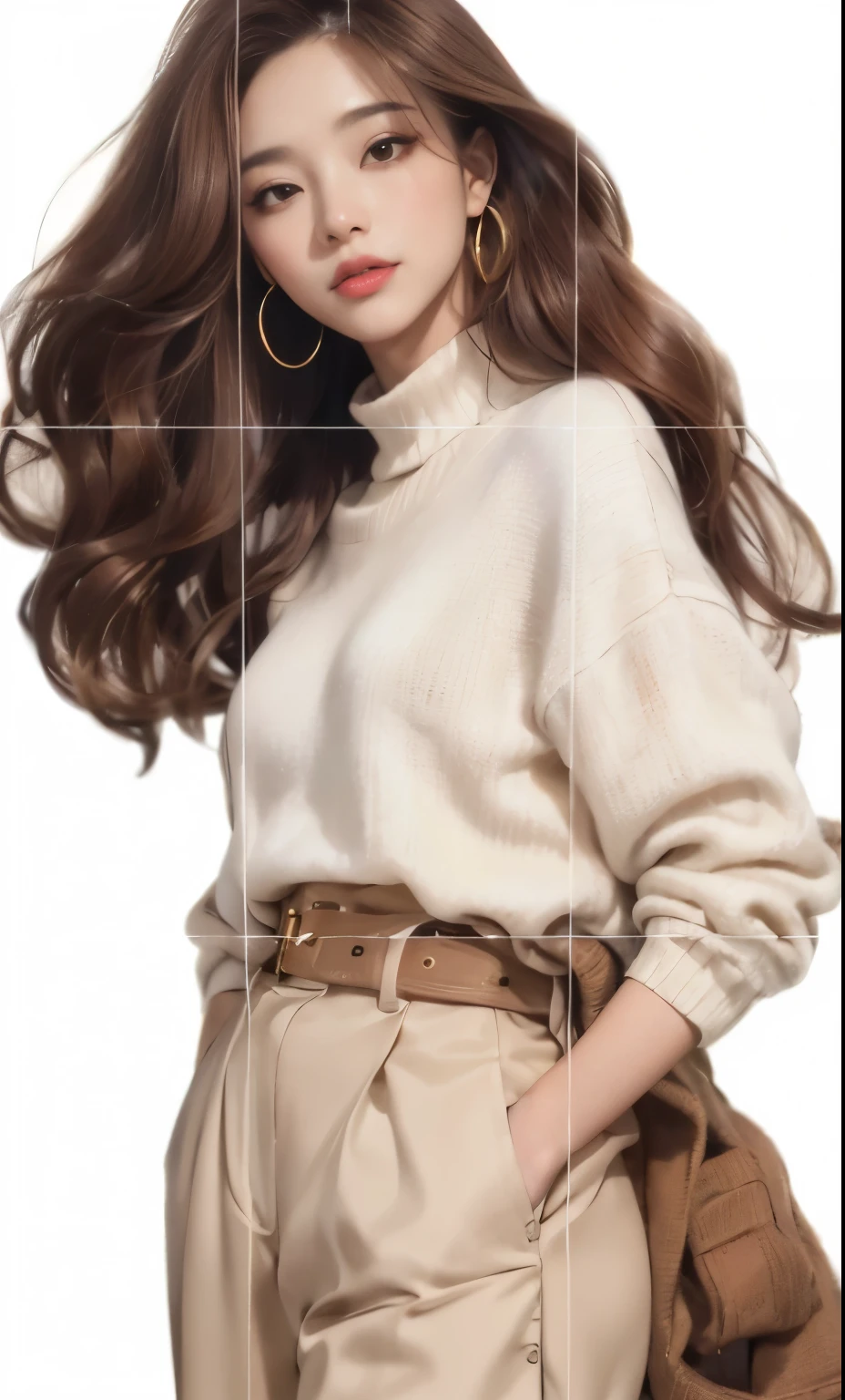 A woman with long hair wearing a beige sweater and beige pants, neutral pose, 3 / 4 Pose, Urop&#39;s style, Attractive pose, korean female fashion model, Casual pose, Female Model, Ulzzang, Fashion pose, Realistic art style, long hair to the waist, Brown color, Brown hair flow, Casual clothing style, Urop Style, Bae Suzy