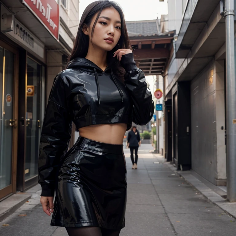 Asian Woman wearing a Latex skirt, black Long hoddie, pantyhose