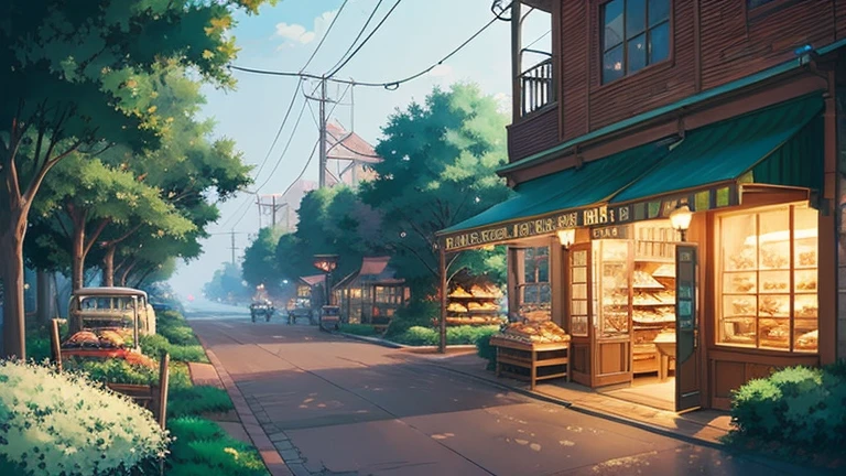 Anime - cityscape, shopfront landscape, anime background art, detailed landscape , anime landscape concept art, anime style cityscape, Studio Ghibli anime style, Studio Ghibli art style, Studio Ghibli programme, anime landscape, Studio Ghibli art style, landscape art, beautiful anime landscape, forest cityscape, Ghibli art style, bakery, Makoto Shinkai style, Makoto Shinkai anime, Makoto Shinkai art style, the bakery is called "THE BAKE STORE"