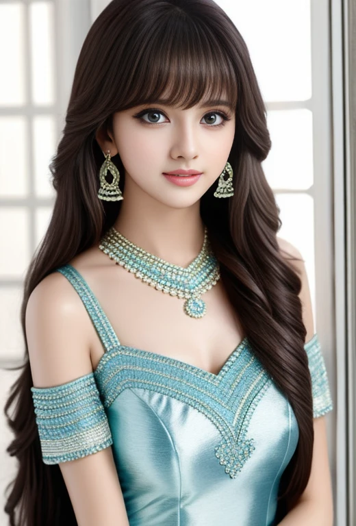 Unparalleled beauty, shiny shiny firm and shiny skin, bangs between eyes, shiny straight beautiful, super long straight silky hair, eyeliner, sexy beautiful innocent , high definition big big beautiful bright blue eyes, beautiful and lovely girl, baby face, short sleeve shirt