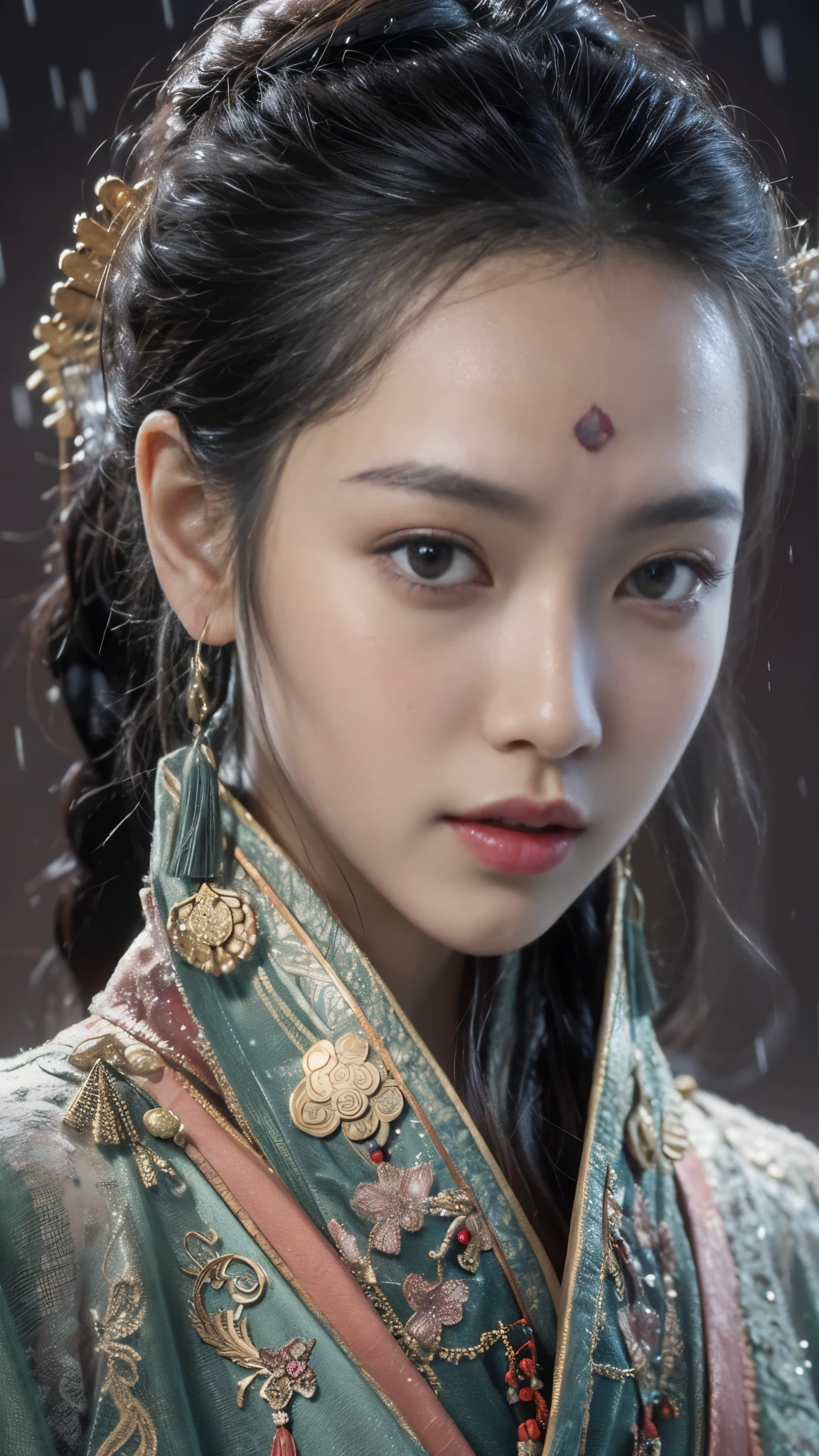 best quality, masterpiece, high resolution,8k,(Realistically:1.4),1 girl,(Black transparent, Lace),(Ultra-realistic skin maps), Ultra Detailed, Surreal, Highly detailed CG illustrations, official art, Movie Lighting, Practical, Young beautiful girl, Perfect body, Perfect body, Full view, Perfect body,enjoy expression,(Start from below:1.3), Sexy pose, Sexy long legs, confidence, Beautiful and sexy, (Gorgeous Chinese Hanfu,cropped shoulder,S-Shape Pose, blush, Chapped lips, View Viewer , half body shot , (fur-edged cloak) ,(Chinese pavilions),It snowed heavily,The ground is covered with snow,