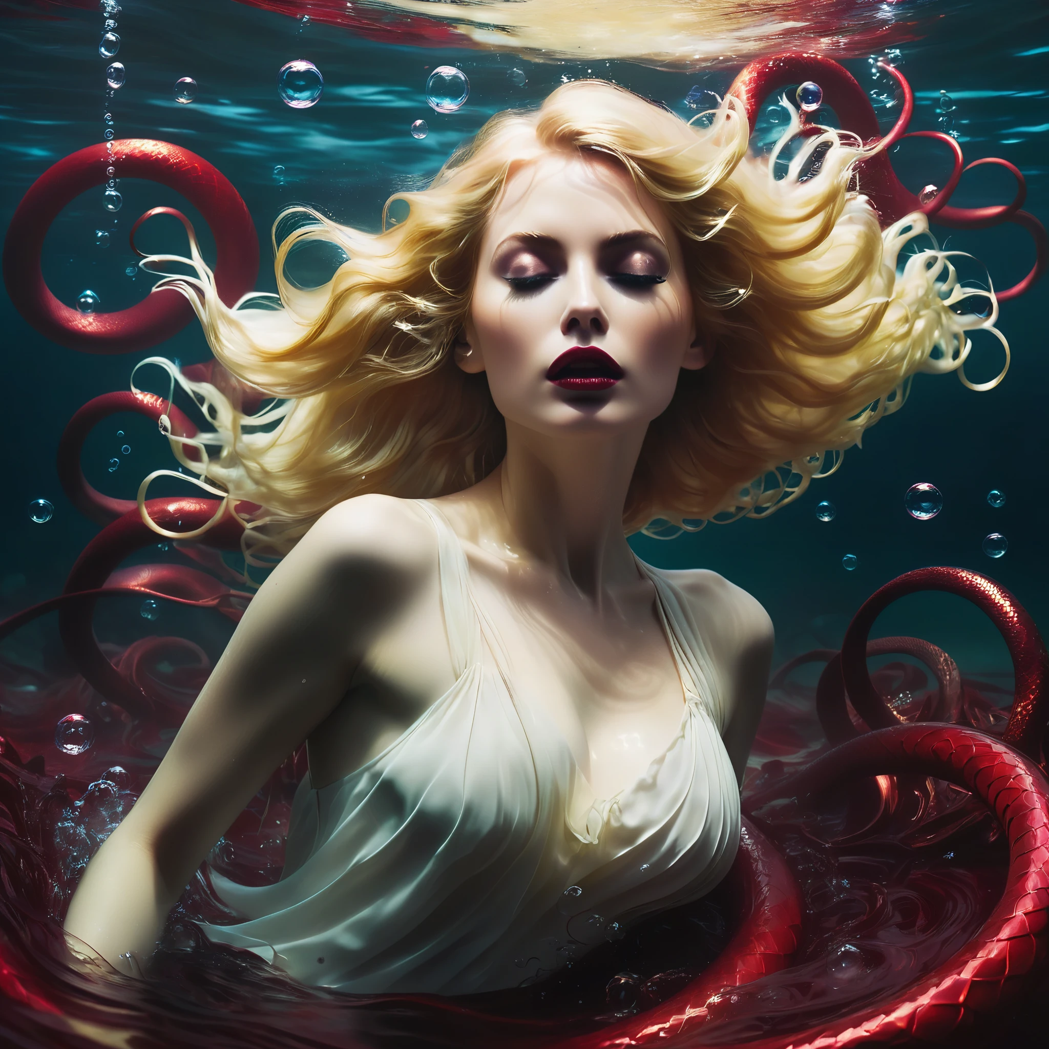A seductive woman with flowing golden blonde hair, gracefully submerged in a swirling sea of deep crimson blood, encircled by sinuous serpents. As bubbles burst around her, the underwater photo captures a natural distortion, evoking the haunting art style of Henry Fuseli with a gothic and surreal atmosphere.