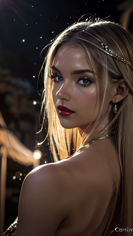 (Side view), girl, (blonde), red lips, in sexy pose in medieval pool), castle, night, moon, (detail background: 1.5), (intricate surrounding details), (hyper detail), (perfect smooth skin), (ultra realism), (8K UHD), (ultra quality), (dslr)