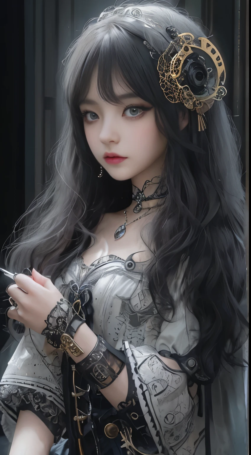 (((Masterpiece, top quality, ultra-detailed))), (((1 Infinity Mage Girl))), , (((very detailed face))), small thin nose, small thin-lipped mouth, (((very sharp focused eyes))), very large slit precision pale grey eyes, sparkling like jewels. Very long eyelashes, long black hair in black vertical curls, with fringes, ((Steampunk fashion, Gothic Lolita fashi, Very dark cinematic lighting.