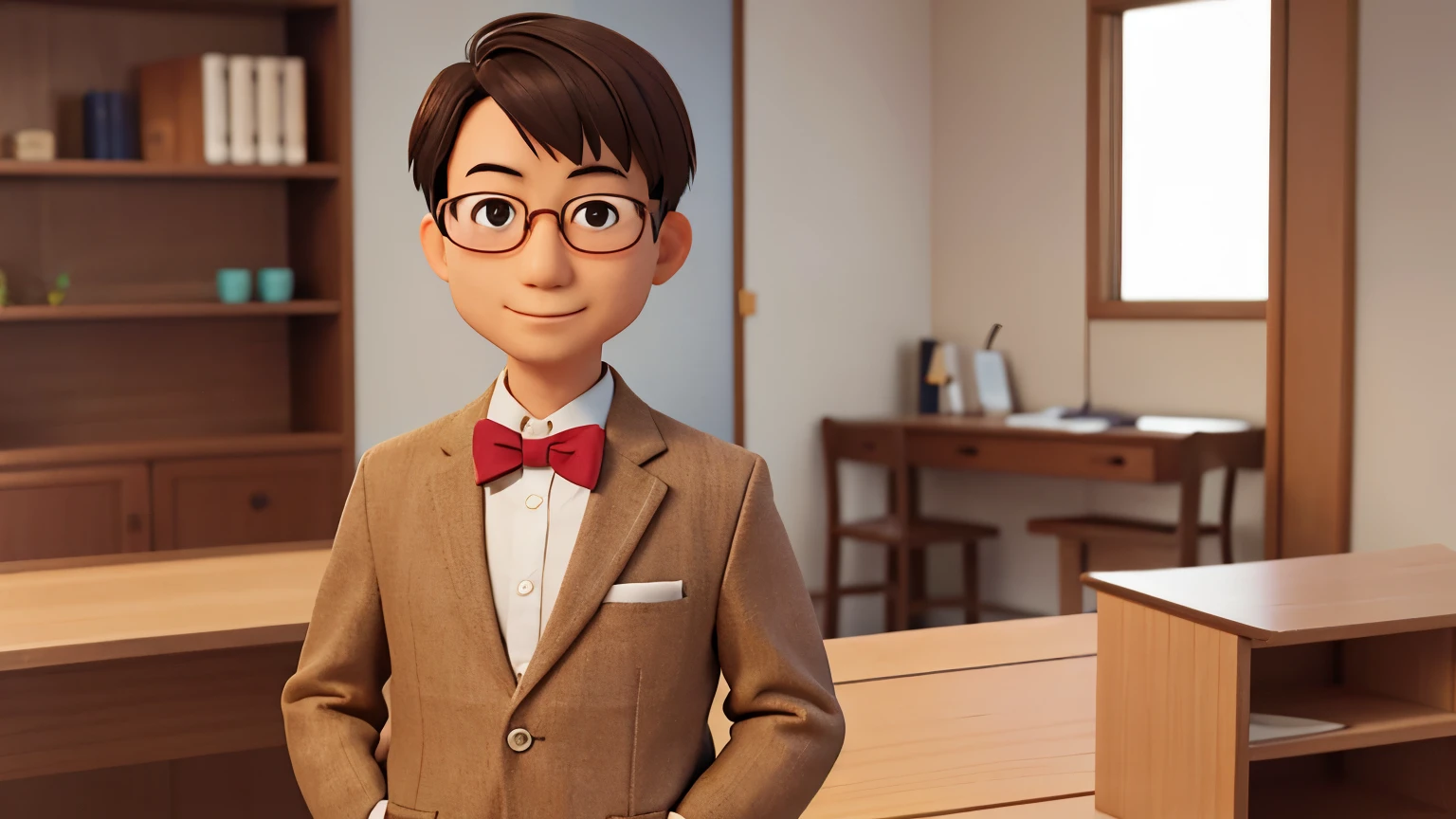 One neat and tidy Japanese man in his 50s, Realistic Face, Small, Cute, round eyes、Standing with hands in pockets, Smooth Skin, round face, Wearing scholar-style glasses, The body is facing straight ahead towards the camera., looking at viewer, smile, Wearing a brown tweed blazer, White shirt with bow tie, The background is a clean and bright office