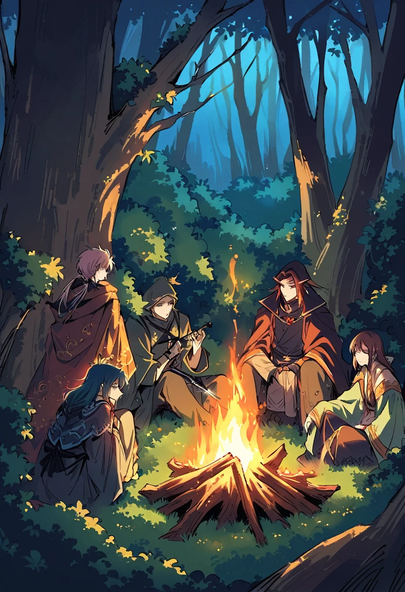 In the depths of a mystical forest, a of four brave adventurers huddles around a crackling campfire, seeking warmth and respite from the chill of the night. The flames dance in mesmerizing patterns, casting flickering shadows upon the faces of the members. The stoic warrior sits with their back to a gnarled tree, sharpening their blade while keeping a vigilant watch over their companions. Beside them, the nimble rogue tends to their gear, deftly checking traps and ensuring their stealthy tools are ready for the next encounter. Across the fire, the wise mage sits in quiet contemplation, studying ancient tomes by the soft glow of the flames, harnessing the arcane energies that flow through the surrounding wilderness. And at the heart of the group, the compassionate healer tends to the wounds of their comrades, their gentle touch and soothing words offering solace amidst the dangers of their quest. Together, they share tales of past adventures and dreams of the challenges yet to come, finding strength and camaraderie in the bonds forged by their shared journey. Above them, the stars twinkle in the night sky, a reminder of the vast world awaiting their exploration and the countless mysteries yet to be uncovered.