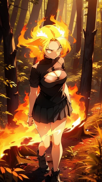 1small girl,solo,20s,angry face,(((woman face))),little cleavage,((black shirt,black mini skirt)), flame_hair,yellow hair,long hair,yellow eyes,(closed arms),burning body,burning on floor,(((standing in front of a forest)))