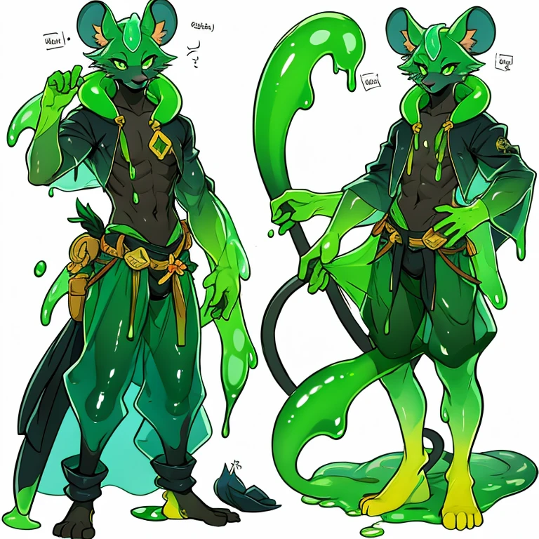 Green slimy handsome mouse anthro guy, transparent, slime, lotus on the end of his tail, furry guy