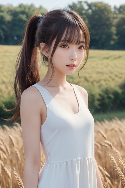 (masterpiece:1.4),, (highest quality:1.4),, Ultra-high resolution,, 8k, CG,, (Very delicate and beautiful:1.2),, , Upper Body,, From the side,, View your viewers,, , One girl,, alone,, Robber Girl,, Mature Girls,, , cute, sweet,, , In the wheat field,, blurred background,, , Long brown hair,, ponytail,, , Brown eyes,, Mouth closed,, Red lips,, , Face blown by the wind,, , White Dress,, Medium chest,Revealing clothing、Shameless