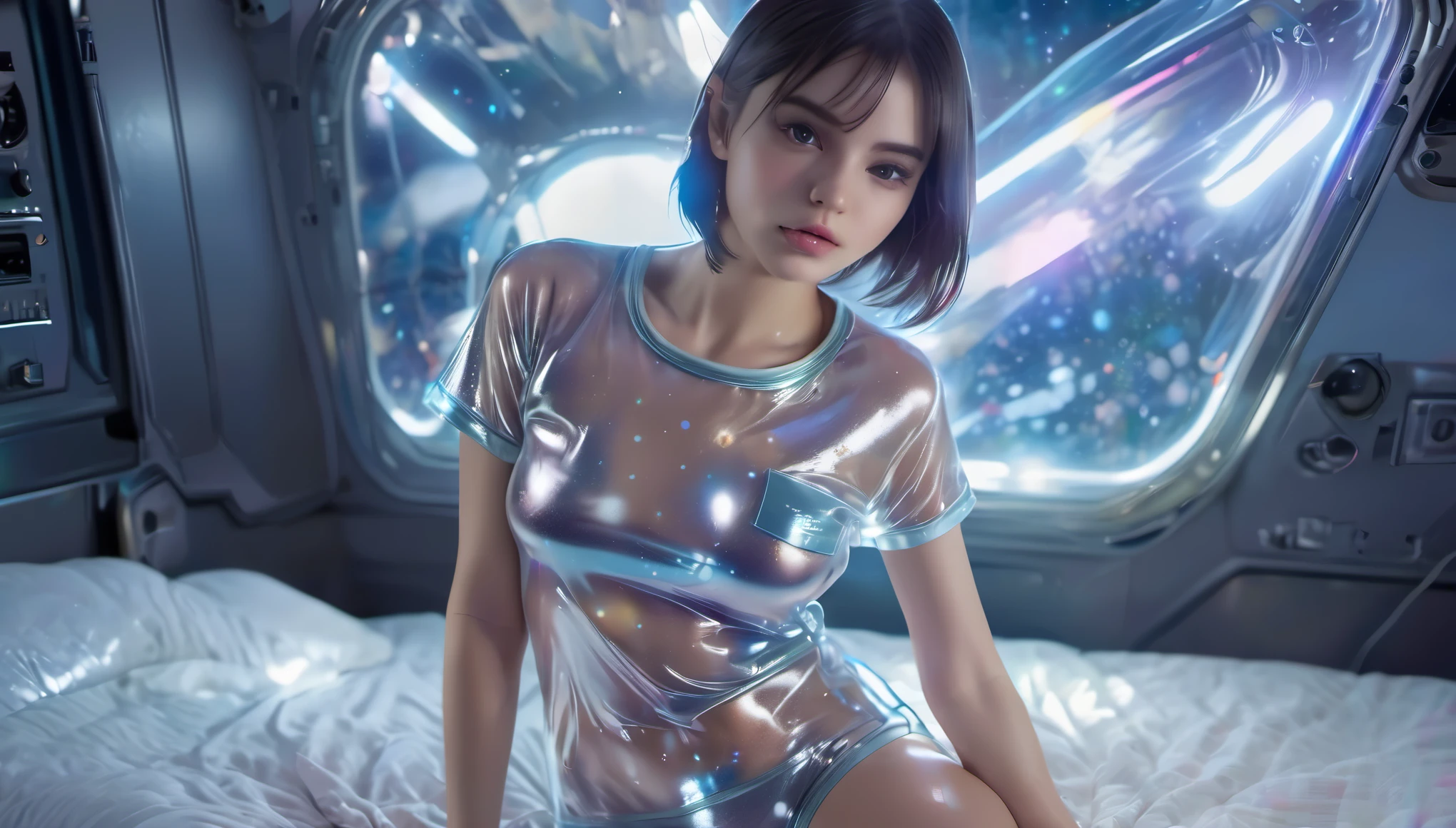 Top Quality, Masterpiece, High Resolution, 8k, (cute girl in a shiny see through pajamas with small breasts, small hips), beautiful detailed lips, extremely detailed face and eyes, side cut hair, short sleeves, shiny, transparent, see-through pajama with shorts, pixie side shaved hair, in a spaceship, on the bed