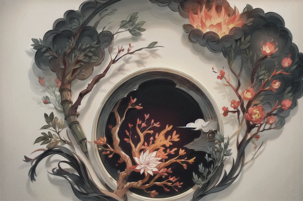 shukezouma, shuimobysim, ((starling)), willow branches, (masterpiece, best quality: 1.2), ((Traditional Chinese ink painting)), model style, bamboo branches, bamboo, wuchangshuo, red, orange, black, fire, starling, bird