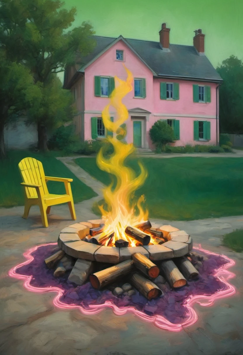precisionism and anamorphosis art, campfire, trompe l'oeil style, light painting photography style, street photography style, visionary environment style, with a spring green and light pink colors solarising effect with surreal colour gel yellow and purple tint effect and high key lighting --chaos