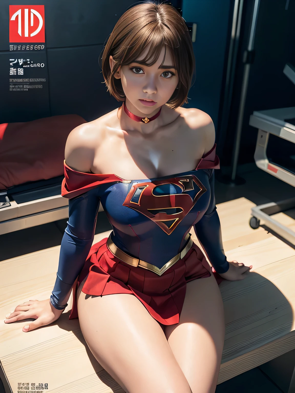 masterpiece、Supergirl Costume、short hair、barefoot、Big and ample breasts、operating room、operating table、Straddle、Crisis situation、Shiny、Looking at the camera、Taunt、Estrus、choker、Weekly magazine cover、Long sleeve、Red mini skirt、Off the shoulder、Alluring、charm、Enchanting、