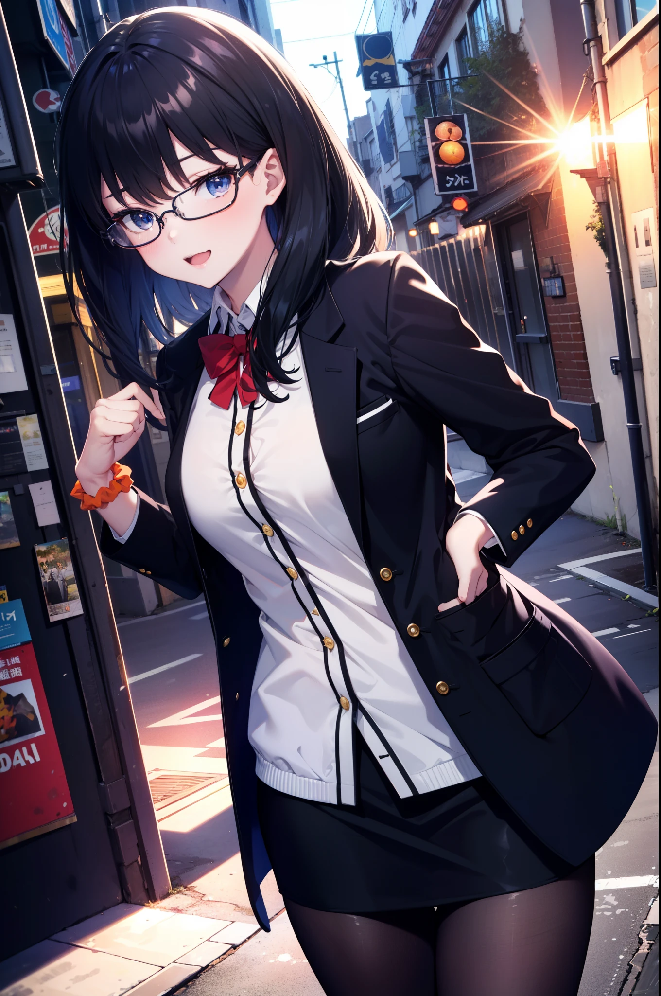 Rikka body, rikka takarada, Black Hair, blue eyes, Long Hair, happy smile, smile, Open your mouth,orange Scrunchie, Scrunchie, wrist Scrunchie,OL, Akagi glasses,  black suit jacket, Collared jacket, White dress shirt, Collared shirt, Neckline, button, Black pencil skirt, Black pantyhose,Stiletto heels,evening,sunset,The sun is setting,walking,So that the whole body goes into the illustration,
break outdoors,In town,Building district,シティストリート
break looking at viewer, (Cowboy Shot:1.5),
break (masterpiece:1.2), highest quality, High resolution, unity 8k wallpaper, (figure:0.8), (Beautiful fine details:1.6), Highly detailed face, Perfect lighting, Highly detailed CG, (Perfect hands, Perfect Anatomy),