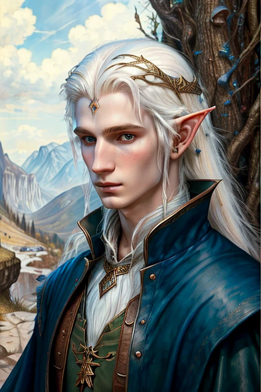 best quality, masterpiece ,detailed, perfect face, painting style, elf, medieval fantasy, White hair, Wizard, Extremely pale skin, boy, explorer, elf ear, no facial hair, no beard, youg, hairless, explorer, Mystic