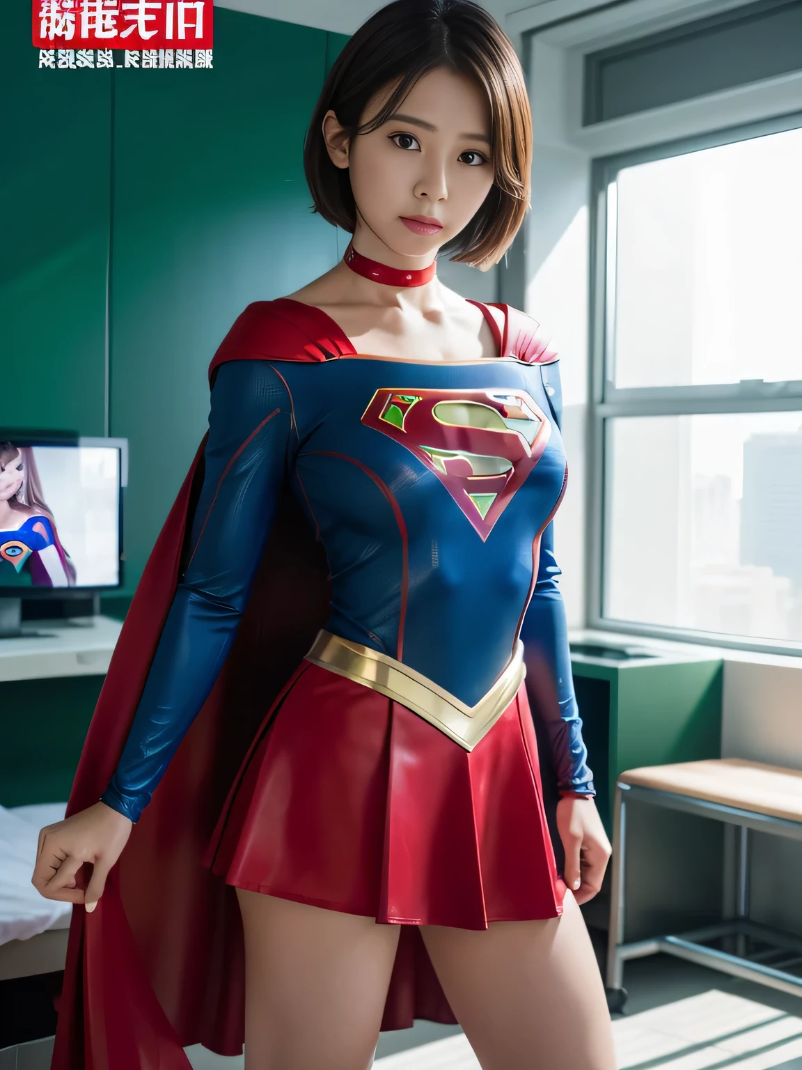 masterpiece、Supergirl Costume、short hair、barefoot、Big and ample breasts、operating room、operating table、Straddle、Crisis situation、Shiny、Looking at the camera、Taunt、Estrus、choker、Weekly magazine cover、Long sleeve、Red mini skirt、Off the shoulder、Alluring、charm、Enchanting、