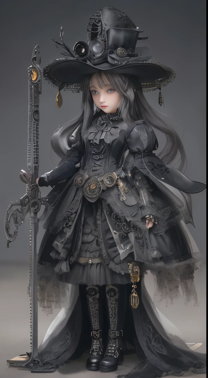 (((Masterpiece, top quality, ultra-detailed))), (((1 Infinity Mage Girl))), , (((very detailed face))), small thin nose, small thin-lipped mouth, (((very sharp focused eyes))), very large slit precision pale grey eyes, sparkling like jewels. Very long eyelashes, long black hair in black vertical curls, with fringes, ((Steampunk fashion, Gothic Lolita fashion)), Very dark cinematic lighting.