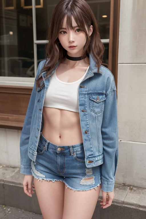 ((Medium Chest, Long Hair, Small Head)), Dawn, sunlight, (defined abs: 1.1), (Perfect body: 1.1), (Short Wavy Hair: 1.2), Auburn Hair, collar, Lock, Full body photo, shabby street, Wearing a black tank top, Denim jacket, ((Shorts)), (Highly detailed CG 8k wallpaper), (Very delicate and beautiful), (masterpiece), (highest quality: 1.0), (Super Resolution: 1.0), Beautiful lighting, Perfect Lightning, Realistic Shadows, [High resolution], Detailed Skin, Super detailed、全naked、naked