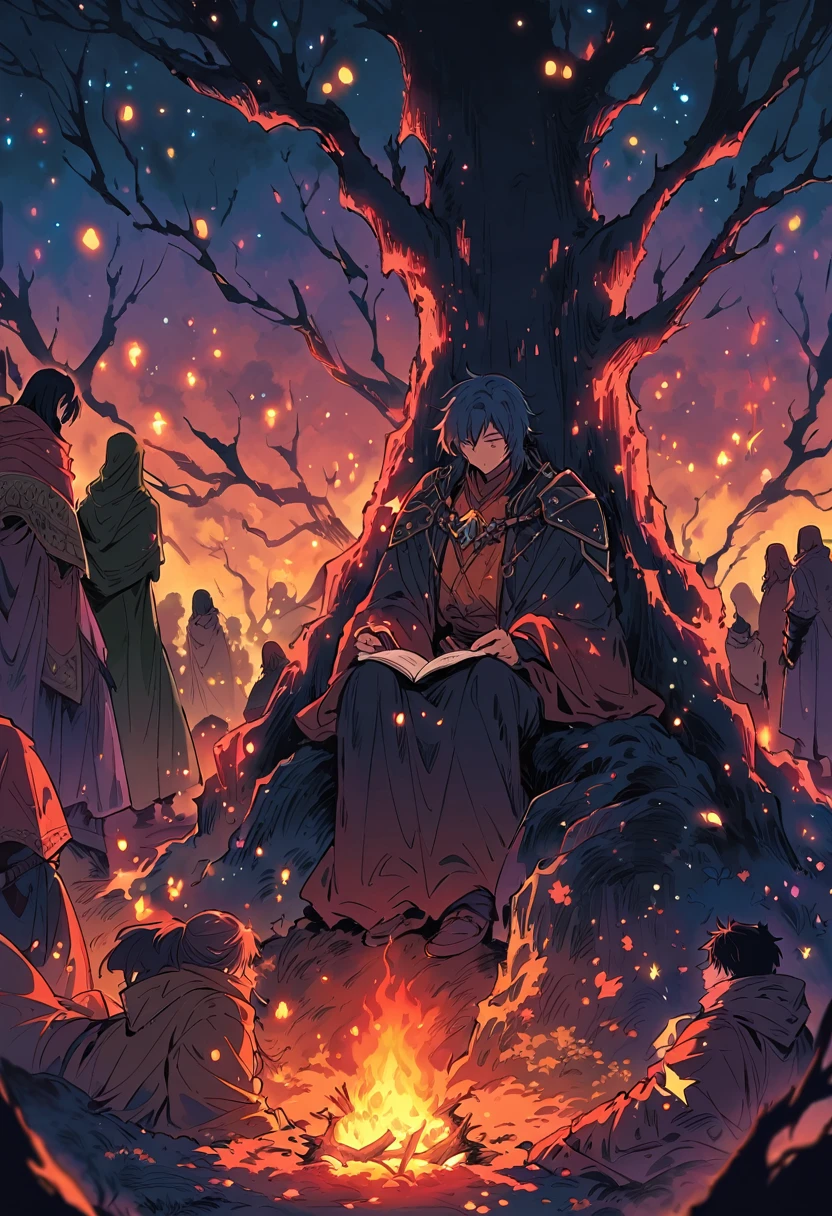 masterpiece, best quality, ultra detailed, ultra high res, 8k, anime illustration, In the depths of a mystical forest, a of four brave adventurers huddles around a crackling campfire, seeking warmth and respite from the chill of the night. The flames dance in mesmerizing patterns, casting flickering shadows upon the faces of the members. The stoic warrior sits with their back to a gnarled tree, sharpening their blade while keeping a vigilant watch over their companions. Beside them, the nimble rogue tends to their gear, deftly checking traps and ensuring their stealthy tools are ready for the next encounter. Across the fire, the wise mage sits in quiet contemplation, studying ancient tomes by the soft glow of the flames, harnessing the arcane energies that flow through the surrounding wilderness. And at the heart of the group, the compassionate healer tends to the wounds of their comrades, their gentle touch and soothing words offering solace amidst the dangers of their quest. Together, they share tales of past adventures and dreams of the challenges yet to come, finding strength and camaraderie in the bonds forged by their shared journey. Above them, the stars twinkle in the night sky, a reminder of the vast world awaiting their exploration and the countless mysteries yet to be uncovered.