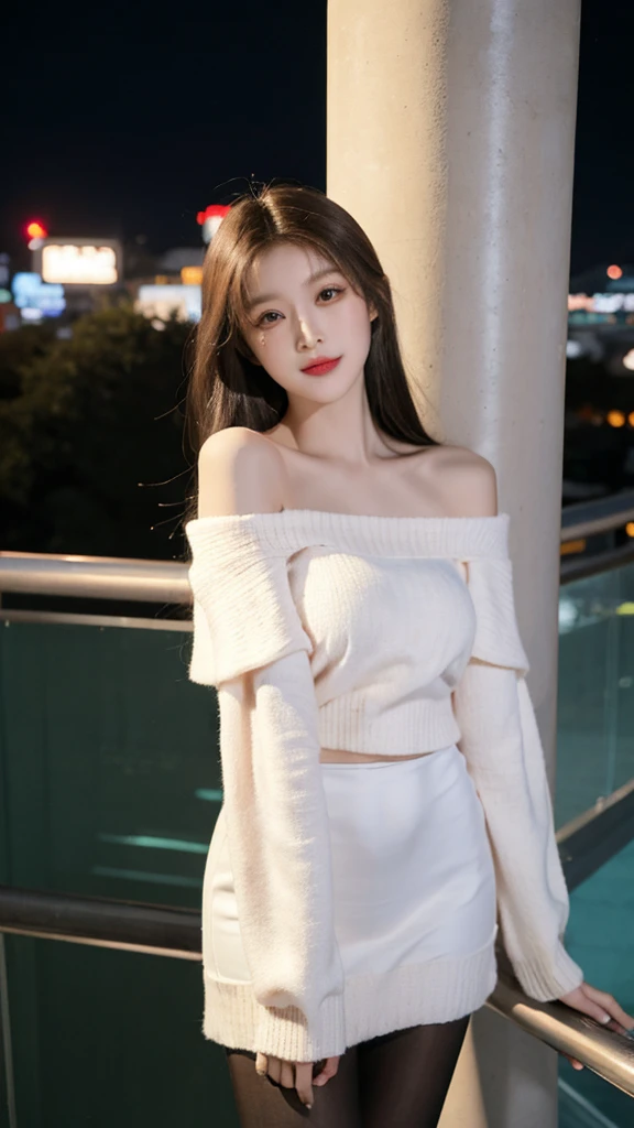 A beautiful Chinese girl wearing an off-shoulder white sweater dress and black pantyhose,Height 160,Weight 45kg,Perfect body,fairer complexion,Oval face,Deep facial features,Long brown hair,A confident smile,A little blush on face,light pink eyeshadow,night time，Posing against the railing on the observation deck,Realistic style,masterpiece