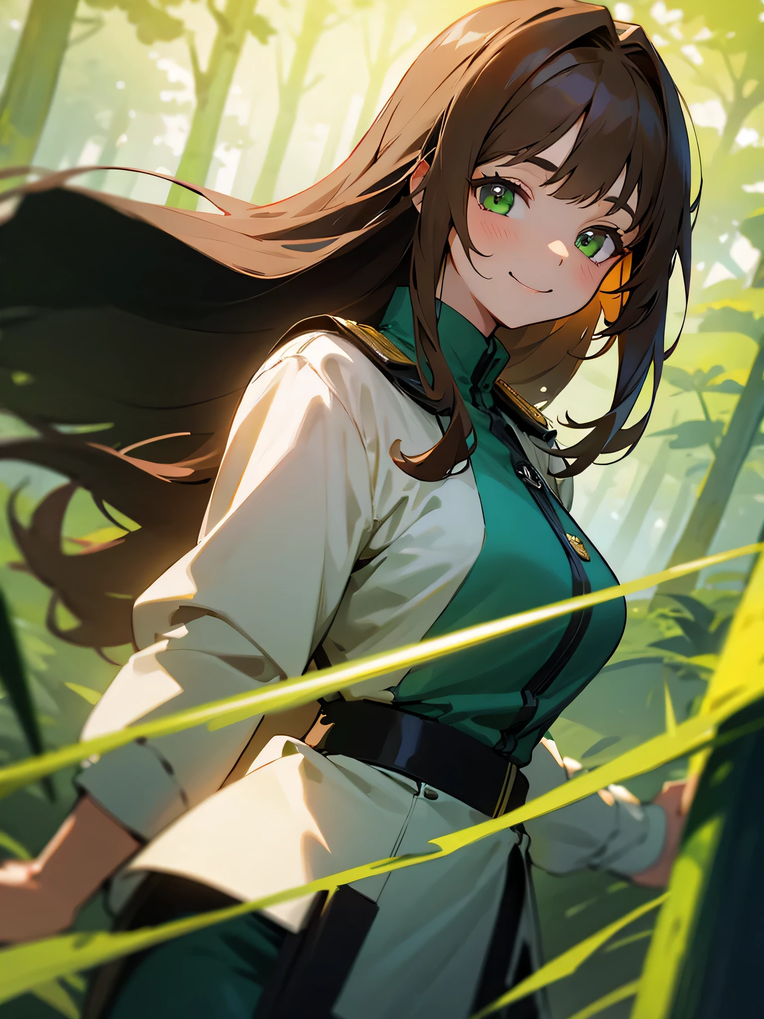 1girl, long brown hair, green eyes, wearing uniform, nature background, earth magic, absurdres, high res, ultrasharp, 8K, masterpiece, looking at viewer, smiling