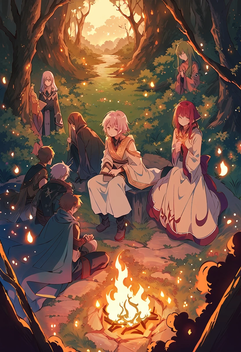 masterpiece, best quality, ultra detailed, ultra high res, 8k, anime illustration, In the depths of a mystical forest, a of four brave adventurers huddles around a crackling campfire, seeking warmth and respite from the chill of the night. The flames dance in mesmerizing patterns, casting flickering shadows upon the faces of the members. The stoic warrior sits with their back to a gnarled tree, sharpening their blade while keeping a vigilant watch over their companions. Beside them, the nimble rogue tends to their gear, deftly checking traps and ensuring their stealthy tools are ready for the next encounter. Across the fire, the wise mage sits in quiet contemplation, studying ancient tomes by the soft glow of the flames, harnessing the arcane energies that flow through the surrounding wilderness. And at the heart of the group, the compassionate healer tends to the wounds of their comrades, their gentle touch and soothing words offering solace amidst the dangers of their quest. Together, they share tales of past adventures and dreams of the challenges yet to come, finding strength and camaraderie in the bonds forged by their shared journey. Above them, the stars twinkle in the night sky, a reminder of the vast world awaiting their exploration and the countless mysteries yet to be uncovered.