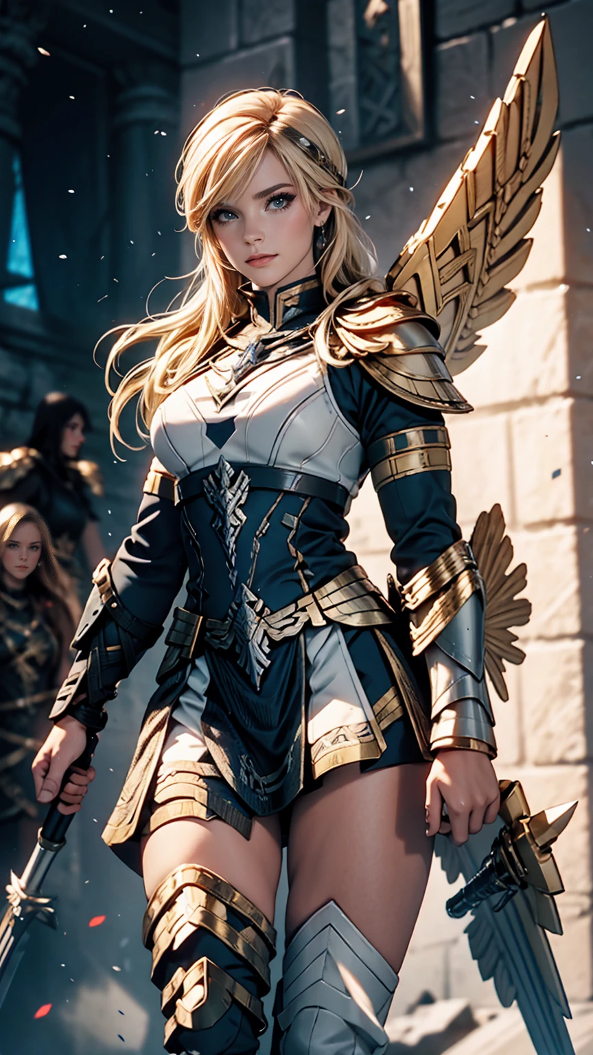 Wide-angle, full-length, a (stunningly beautiful Valkyrie) holding a sleeping male soldier dressed in modern war-gear in her arms, flying into Valhalla, after (glorious combat, epic), incredible, awe, beautiful, highly detailed, well drawn face features, highest quality, divine, prismatic analogous colors, dynamic composition, delicate, cinematic lighting, sublime, striking scene, sharp and crisp image, ultra realistic, (petals in the air)