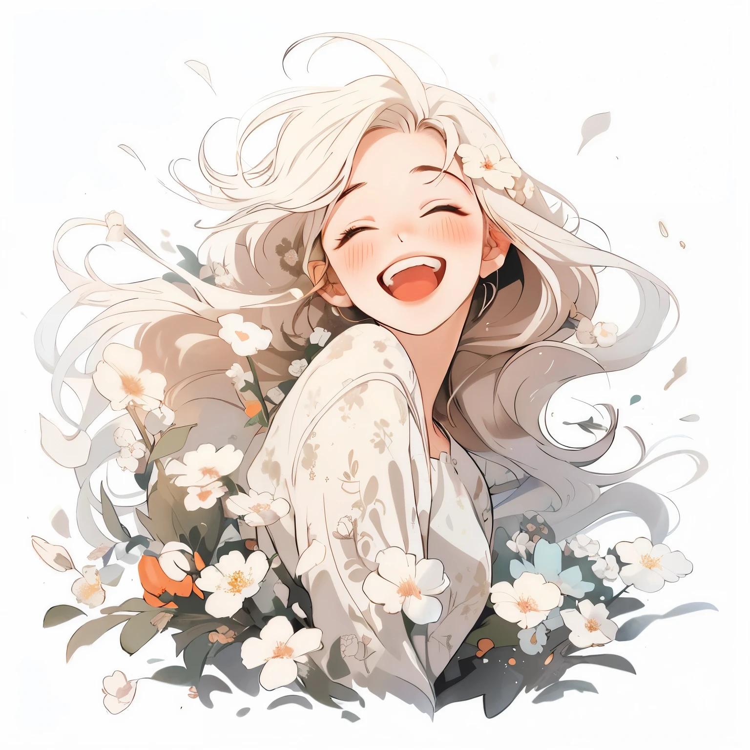 animated, animated girl, white cheveux, fleurs, cheveux, SOURIRE, expression heureuse et pleine d'entrain, elle sourit and happy, elle exprime sa joie, elle rigole, expression heureuse, animated illustration, fille heureuse, animated visual of a cute girl, illustration passionnante, elle sourit, beautiful animated portrait, heureuse et belle, animated graphic illustration, animated girl with long cheveux