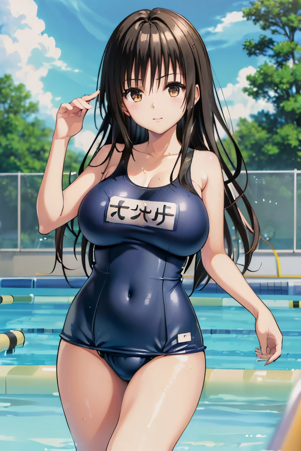 (best quality,masterpiece:1.3),absurdres,highres,8k, ultra high res,  ultra perfect face, perfect hands, 
kotegawa yui, brown eyes, black hair, long hair, (huge breasts:1.6), looking at viewer, light smile, (old school swimsuit, pool:1.6), (slender:1.0), 