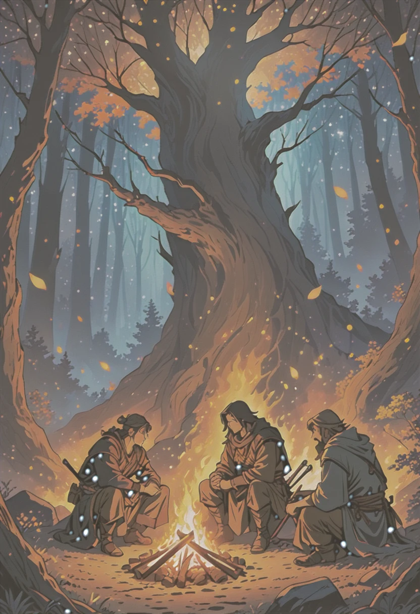 masterpiece, best quality, ultra detailed, ultra high res, 8k, anime illustration, In the depths of a mystical forest, a of four brave adventurers huddles around a crackling campfire, seeking warmth and respite from the chill of the night. The flames dance in mesmerizing patterns, casting flickering shadows upon the faces of the members. The stoic warrior sits with their back to a gnarled tree, sharpening their blade while keeping a vigilant watch over their companions. Beside them, the nimble rogue tends to their gear, deftly checking traps and ensuring their stealthy tools are ready for the next encounter. Across the fire, the wise mage sits in quiet contemplation, studying ancient tomes by the soft glow of the flames, harnessing the arcane energies that flow through the surrounding wilderness. And at the heart of the group, the compassionate healer tends to the wounds of their comrades, their gentle touch and soothing words offering solace amidst the dangers of their quest. Together, they share tales of past adventures and dreams of the challenges yet to come, finding strength and camaraderie in the bonds forged by their shared journey. Above them, the stars twinkle in the night sky, a reminder of the vast world awaiting their exploration and the countless mysteries yet to be uncovered.