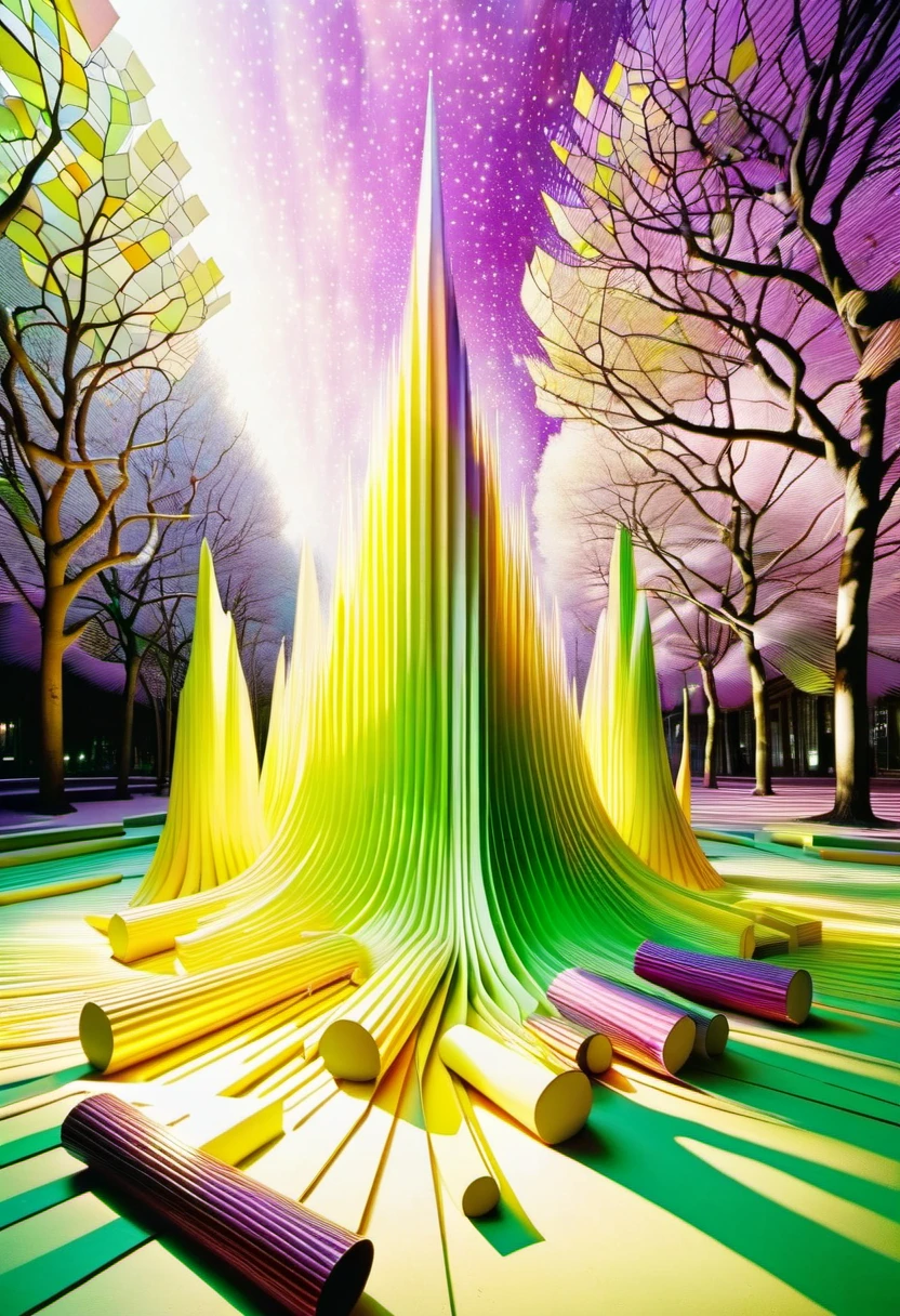 precisionism and anamorphosis art, ((campfire)), trompe l'oeil style, light painting photography style, street photography style, visionary environment style, with a spring green and light pink colors solarising effect with surreal colour gel yellow and purple tint effect and high key lighting --chaos