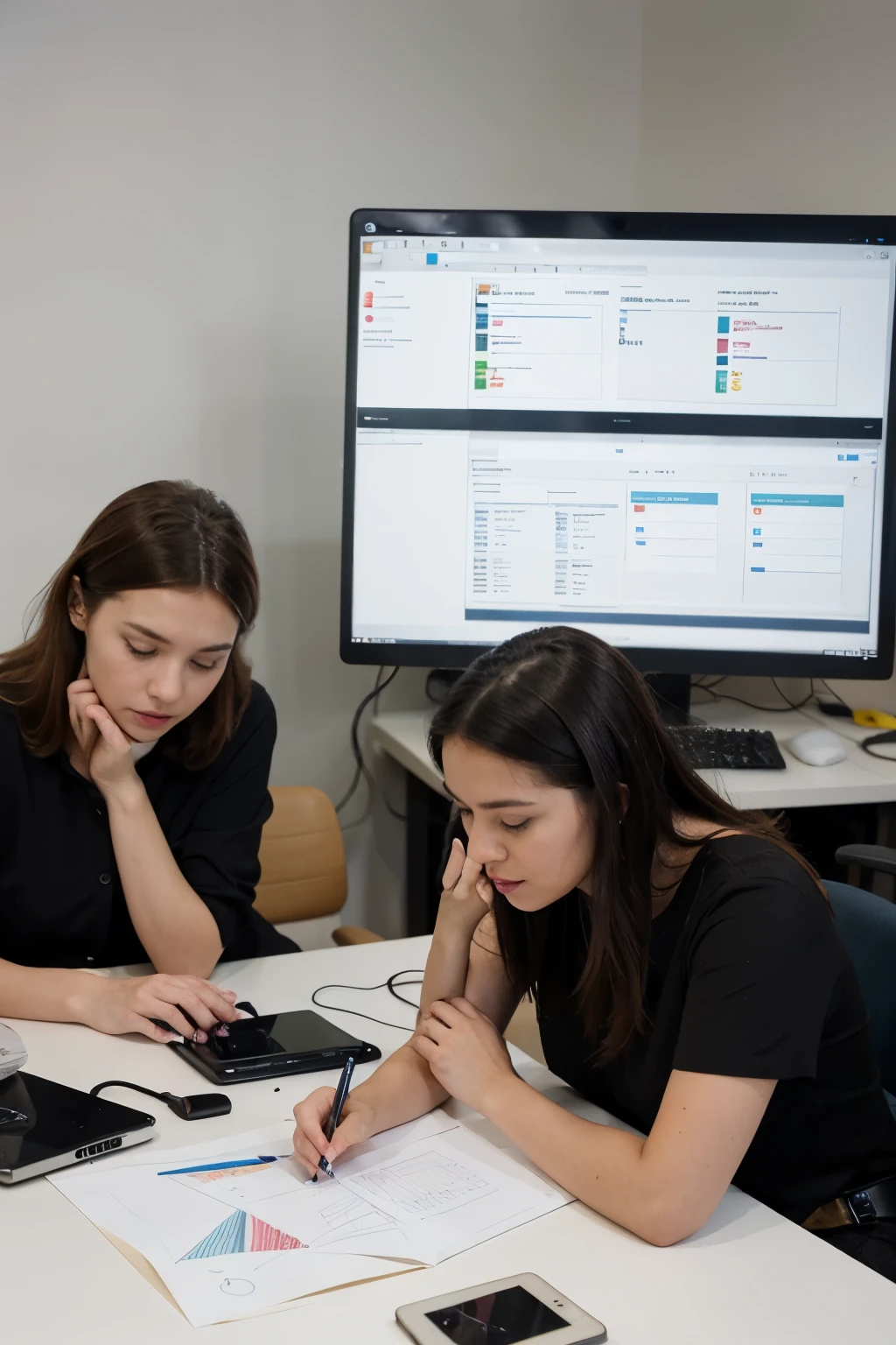 photography of office area, A vibrant and dynamic illustration of diverse team members collaborating in a modern office setting, featuring elements of creativity and innovation such as colorful charts, digital devices, and brainstorming sessions, symbolizes growth and professionalism