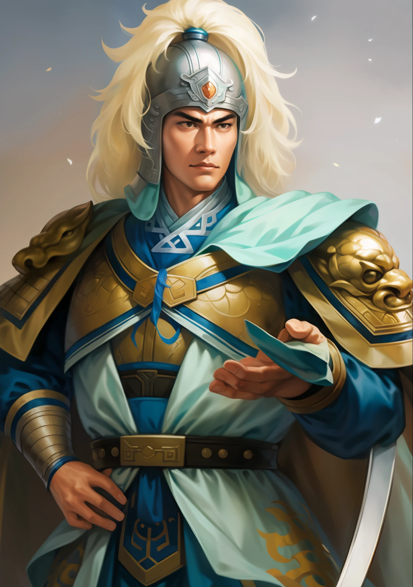 Close-up:In costume、Man holding a sword, zhao yun, inspired author:Yang Jiein, Inspired by Huang Shen, Inspired by Li Cheng, inspired by Fan Kuan, Inspired by Hu Zaobin, Inspired by Li Kan, Inspired by Dugin, Inspired by Wu Bin, author:Yang Jie, inspired by Huang Ding