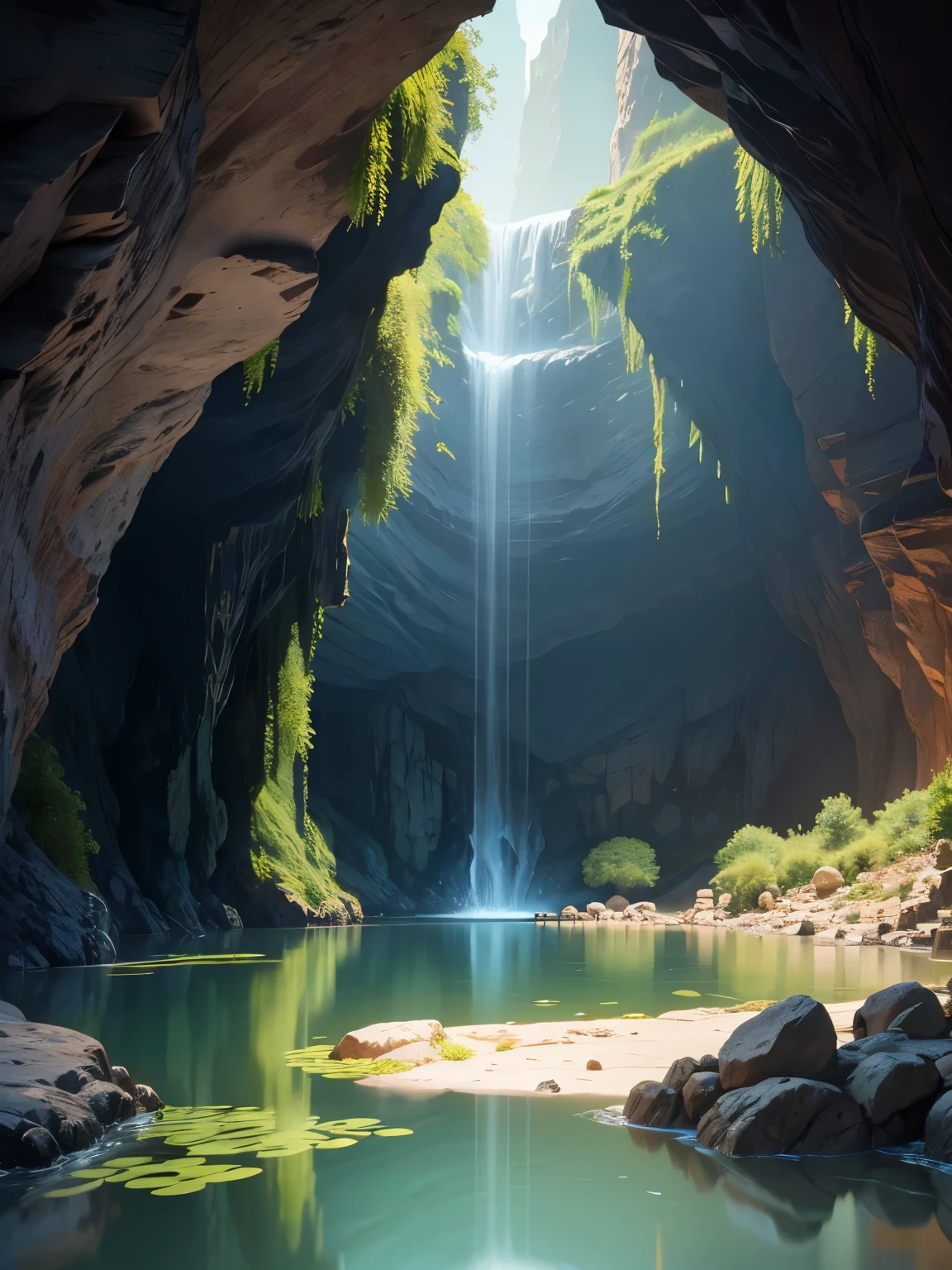 cavern, pond in the middle of a cave, ultra detailed, high quality, 8k resolution