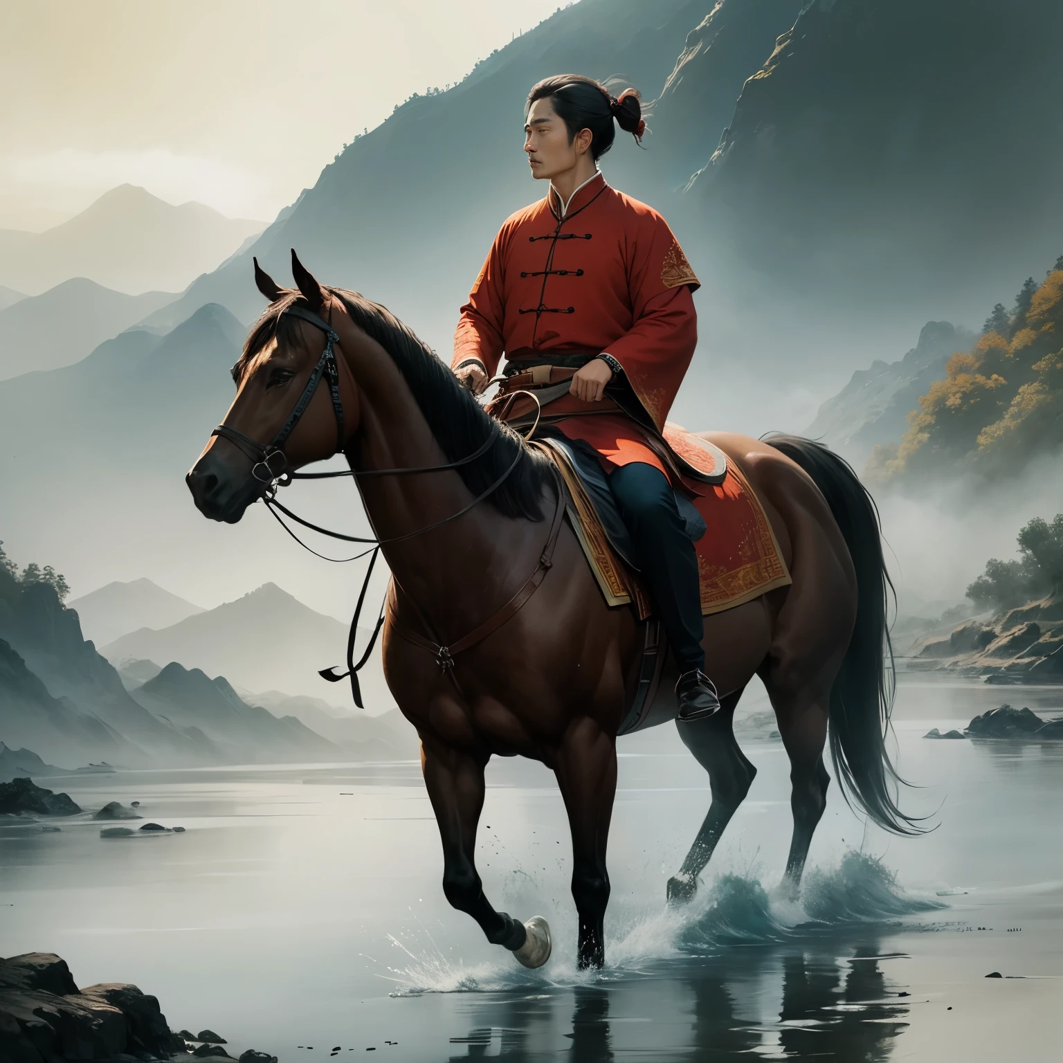 The painting depicts a man riding a horse across a river，Mountains in the background, Chinese watercolor style, Chinese painting style, Chinese style, Chinese style景, A beautiful artistic illustration, Serenity illustration, Chinese Ink Painting, In the peaceful scenery, In the vast and tranquil landscape, by Qu Leilei, author：Song Xu, by Li Zai, traditional Chinese Ink Painting, author：Yang Jie