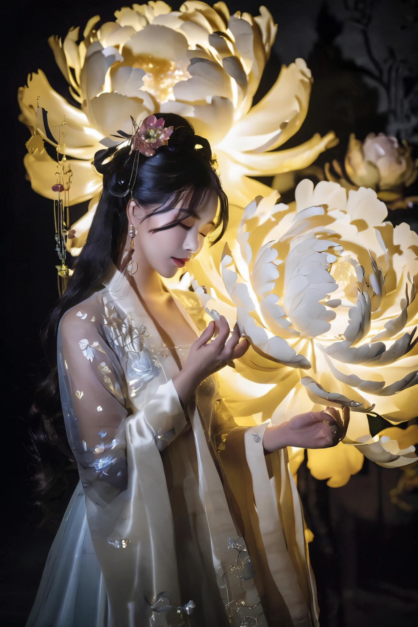 Vibrant rim light, In a country full of magic, Silhouette of a Chinese girl illuminated, Gorgeous and luxurious Hanfu，As if radiating light from the inside out, Floating elegantly in this fantasy space. mysterious clouds, shimmering gold and silver, surround her, Reminiscent of the immortals descending into the mortal world. in her slender hands, She holds a radiant peony in her hand, its glow contrasts with its shadow. The moment the petals dance in the wind, Cast a playful shadow, Beautifully immortalized by artists. Glowing lights and shimmering shadows dance around her body, Evoking the elegance of traditional ink painting, But the dynamic interplay of light and dark. This masterpiece combines the vision of a modern artist, Use the brilliance of Hanfu to highlight the strong dramatic effect of light and shadow, Produce extremely abstract and bright artwork. luxury, avant-garde, chic, editorial, magazine style, professional, intricate details, ambient lighting, rake light., bright rim light, high contrast, bold rim light