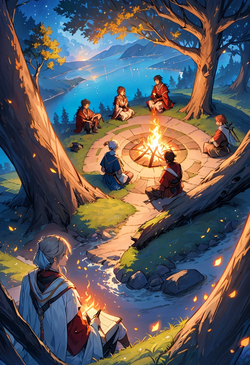 masterpiece, best quality, ultra detailed, ultra high res, 8k, anime illustration, In the depths of a mystical forest, a of four brave adventurers huddles around a crackling campfire, seeking warmth and respite from the chill of the night. The flames dance in mesmerizing patterns, casting flickering shadows upon the faces of the members. The stoic warrior sits with their back to a gnarled tree, sharpening their blade while keeping a vigilant watch over their companions. Beside them, the nimble rogue tends to their gear, deftly checking traps and ensuring their stealthy tools are ready for the next encounter. Across the fire, the wise mage sits in quiet contemplation, studying ancient tomes by the soft glow of the flames, harnessing the arcane energies that flow through the surrounding wilderness. And at the heart of the group, the compassionate healer tends to the wounds of their comrades, their gentle touch and soothing words offering solace amidst the dangers of their quest. Together, they share tales of past adventures and dreams of the challenges yet to come, finding strength and camaraderie in the bonds forged by their shared journey. Above them, the stars twinkle in the night sky, a reminder of the vast world awaiting their exploration and the countless mysteries yet to be uncovered.